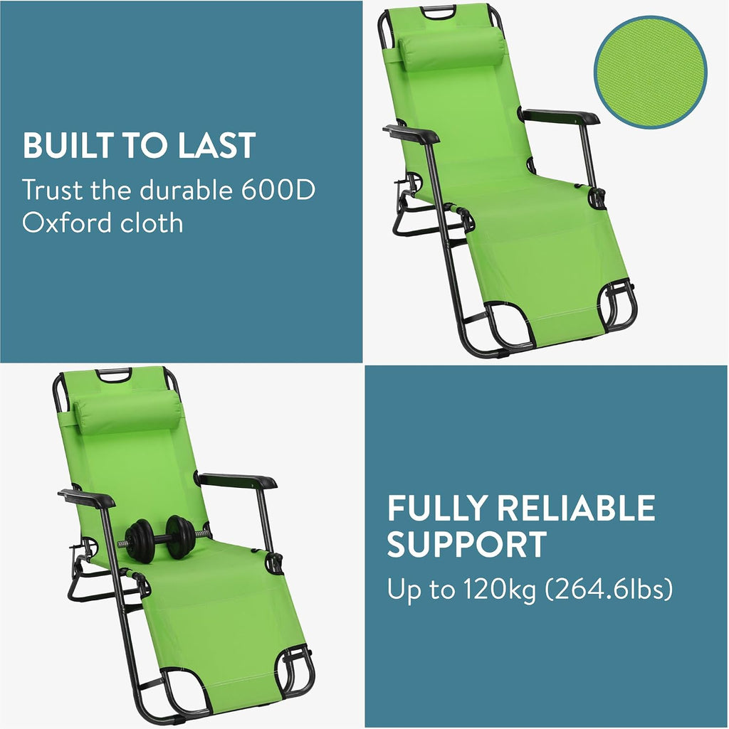 JEMIDI Sun Lounger, Green - Garden Chair with Reclining Backrest, Armrest & Headrest - Perfect for Patio, Poolside, Camping - Lightweight, Durable & Portable