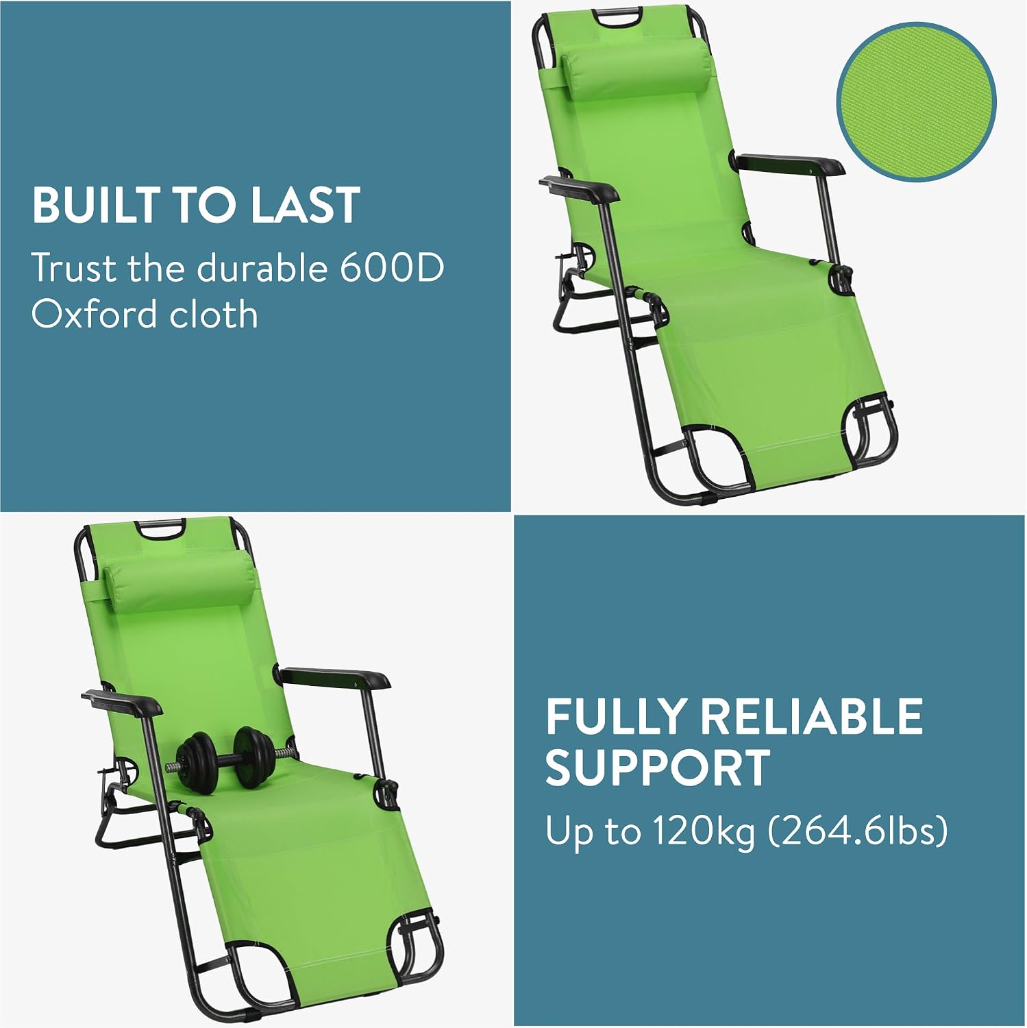 JEMIDI Sun Lounger, Green - Garden Chair with Reclining Backrest, Armrest & Headrest - Perfect for Patio, Poolside, Camping - Lightweight, Durable & Portable