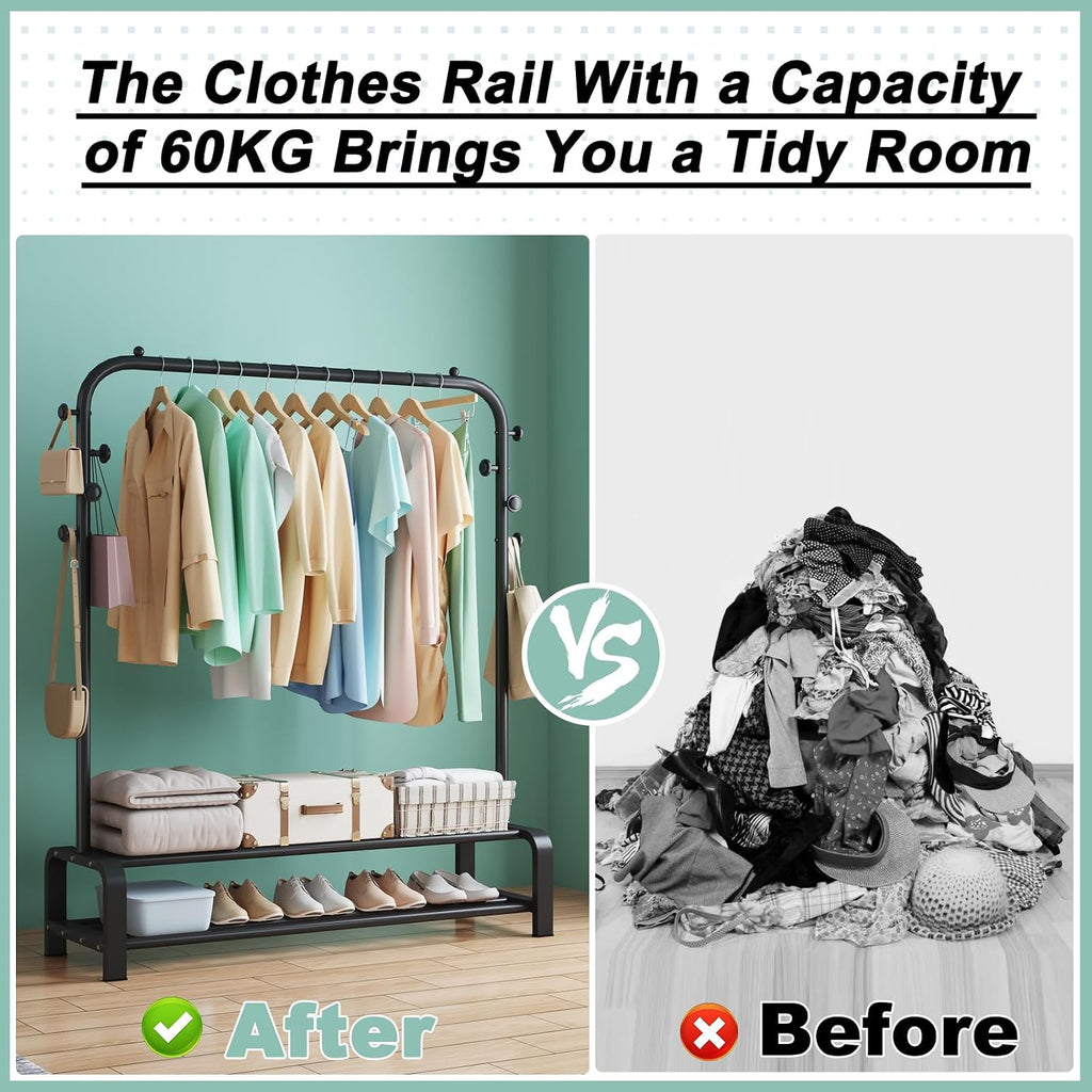 Heavy Duty Clothes Rail for Bedroom, Metal Coat Stand Rack, Freestanding Clothing Garment Hanging Rails, Clothes Storage Organiser, 2 Tiers Shoe Rack+6 Side Hooks Storage Shelf (Black)