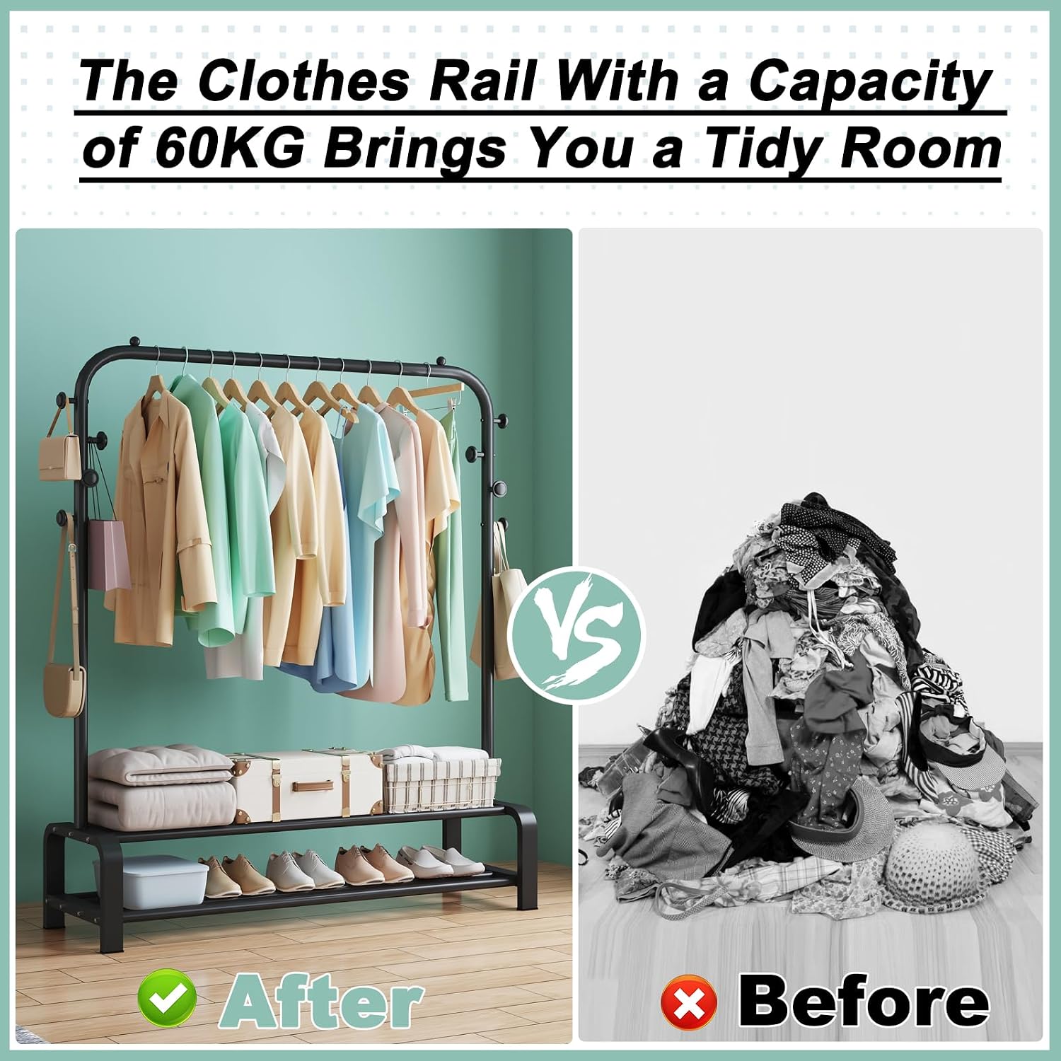 Heavy Duty Clothes Rail for Bedroom, Metal Coat Stand Rack, Freestanding Clothing Garment Hanging Rails, Clothes Storage Organiser, 2 Tiers Shoe Rack+6 Side Hooks Storage Shelf (Black)