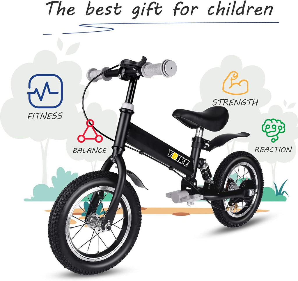 YBIKE 2 in 1 Balance Bike, 12 14 Inch Kids Bike, Suitable for 2-7 Years Old, Kids' Balance Bike with Pedal, Shock Absorber, Fenders, Brakes, 4 Colors Training Bike