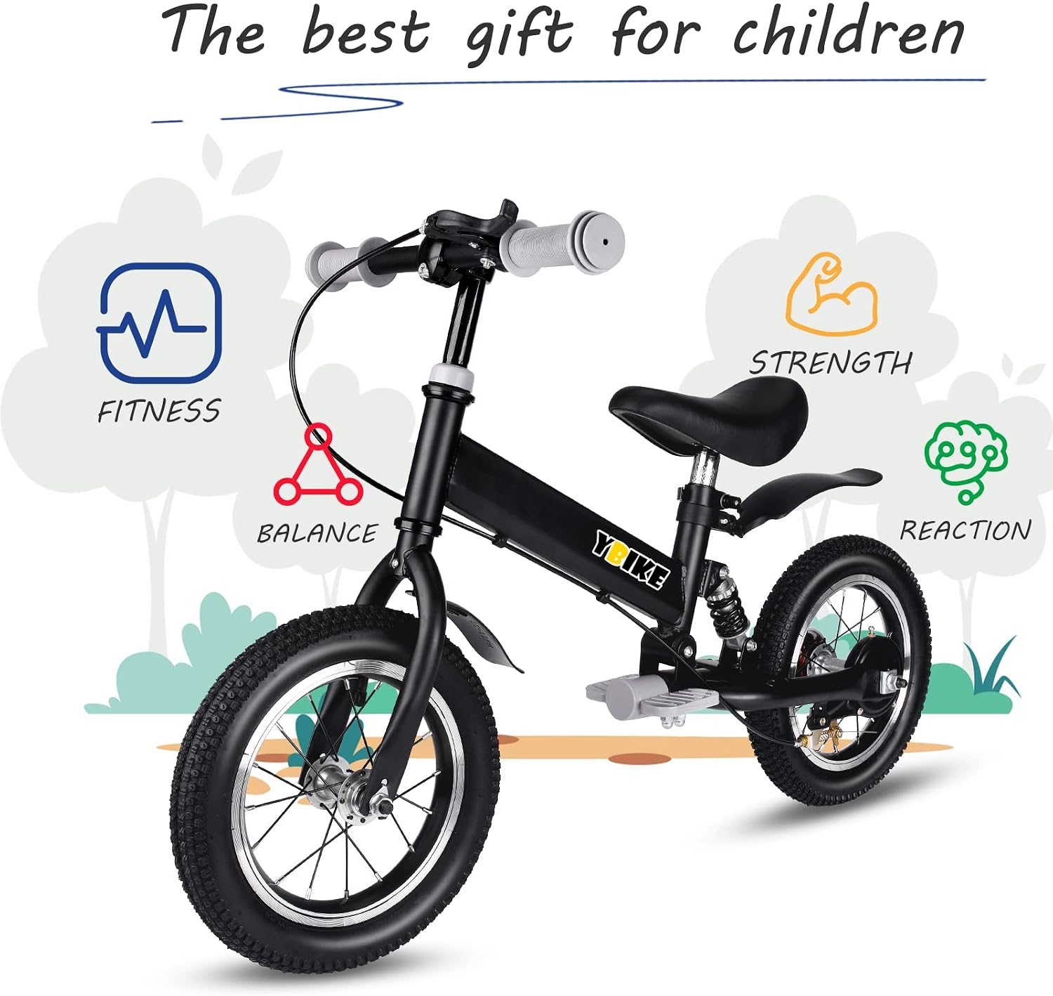 YBIKE 2 in 1 Balance Bike, 12 14 Inch Kids Bike, Suitable for 2-7 Years Old, Kids' Balance Bike with Pedal, Shock Absorber, Fenders, Brakes, 4 Colors Training Bike