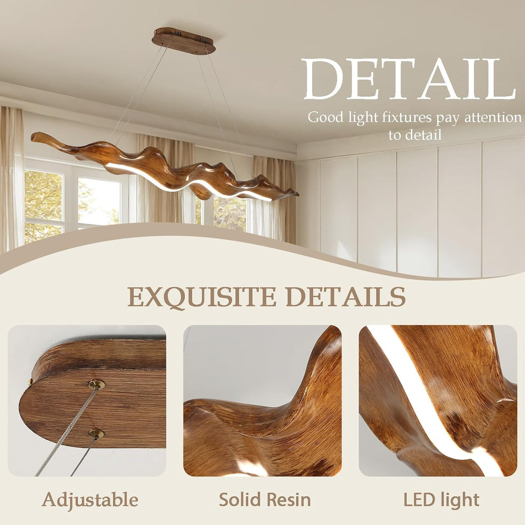52W Kitchen Island Pendant Light 3000K-6000K Dimmable Chandeliers Hanging Lamp Adjustable with Remote Control, Wood Leaf Style LED Lighting for Kitchen Bedroom Study, 100Cm