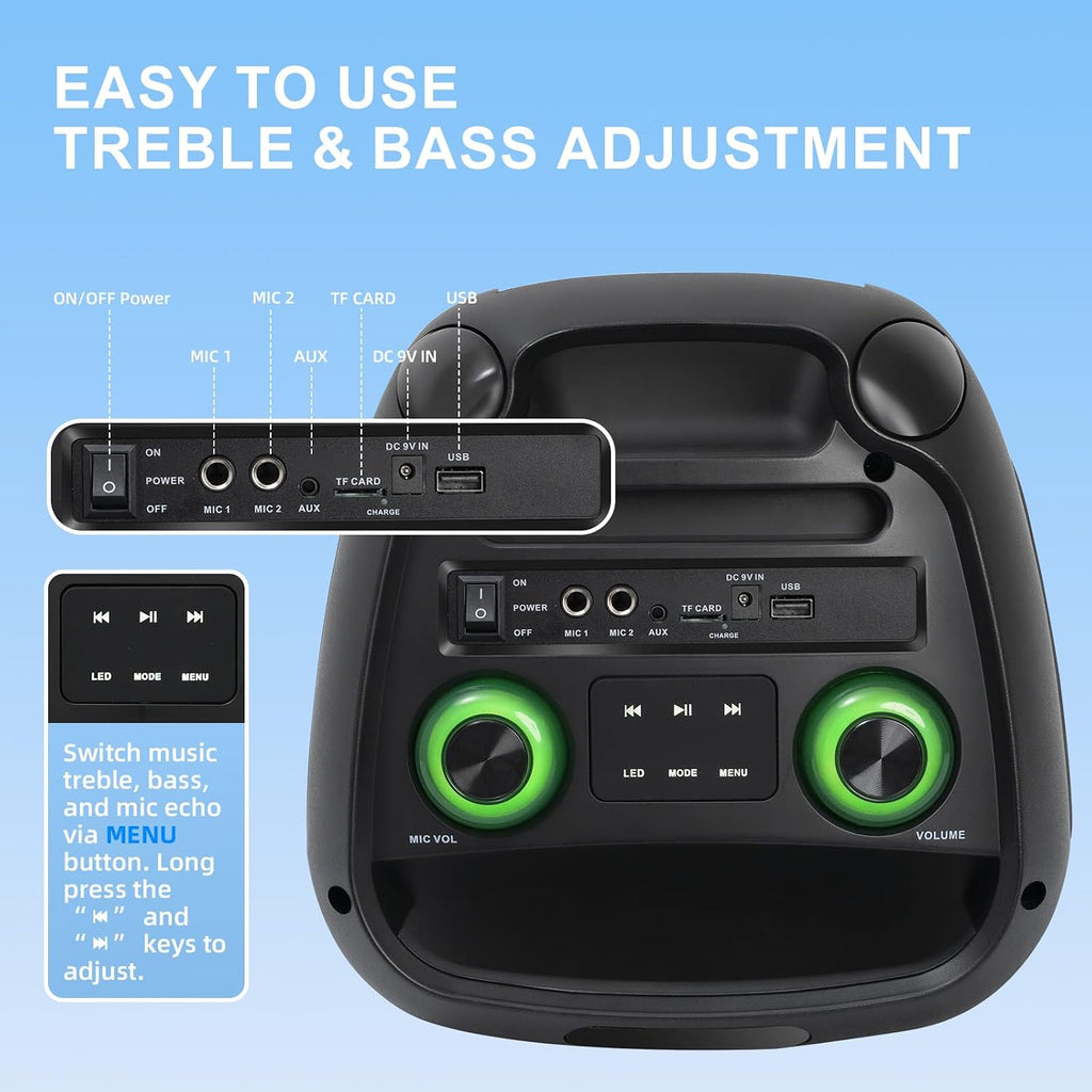Bluetooth Karaoke Speaker with 2 Wireless Microphones – 40W Portable PA System with LED Lights, TWS Pairing, 6.5” Dual Woofers, Rolling Wheels, Rechargeable Battery - for Party/Home/Outdoor