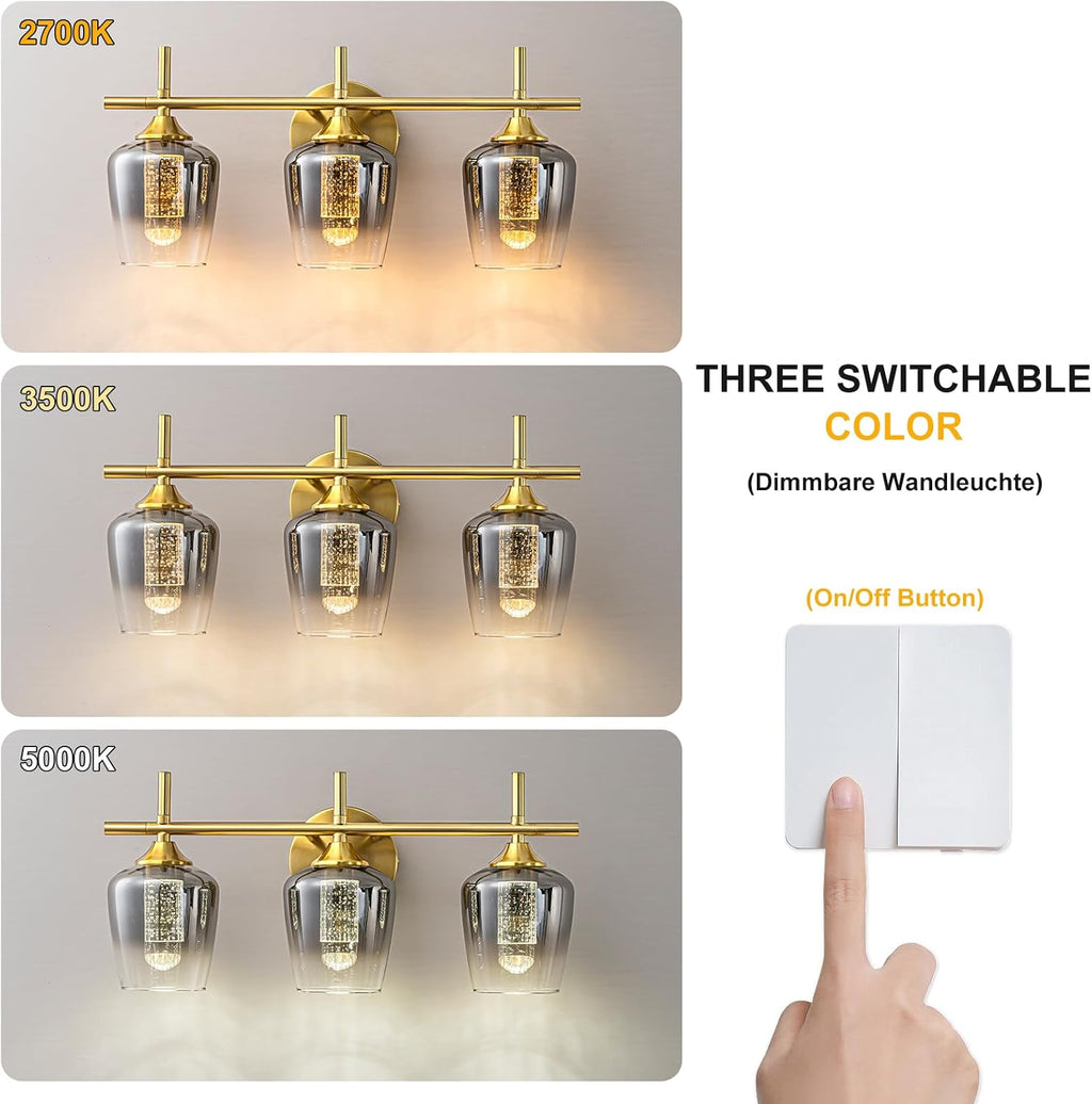 WILON Bathroom Wall Light Fixtures Over Mirror, 3-Light Bathroom lamp Wall with Grey Gradient Lampshade, Wall Lights with LED Acrylic Bubble Light Column, Wall Scones for Living Room Kitchen Bedroom