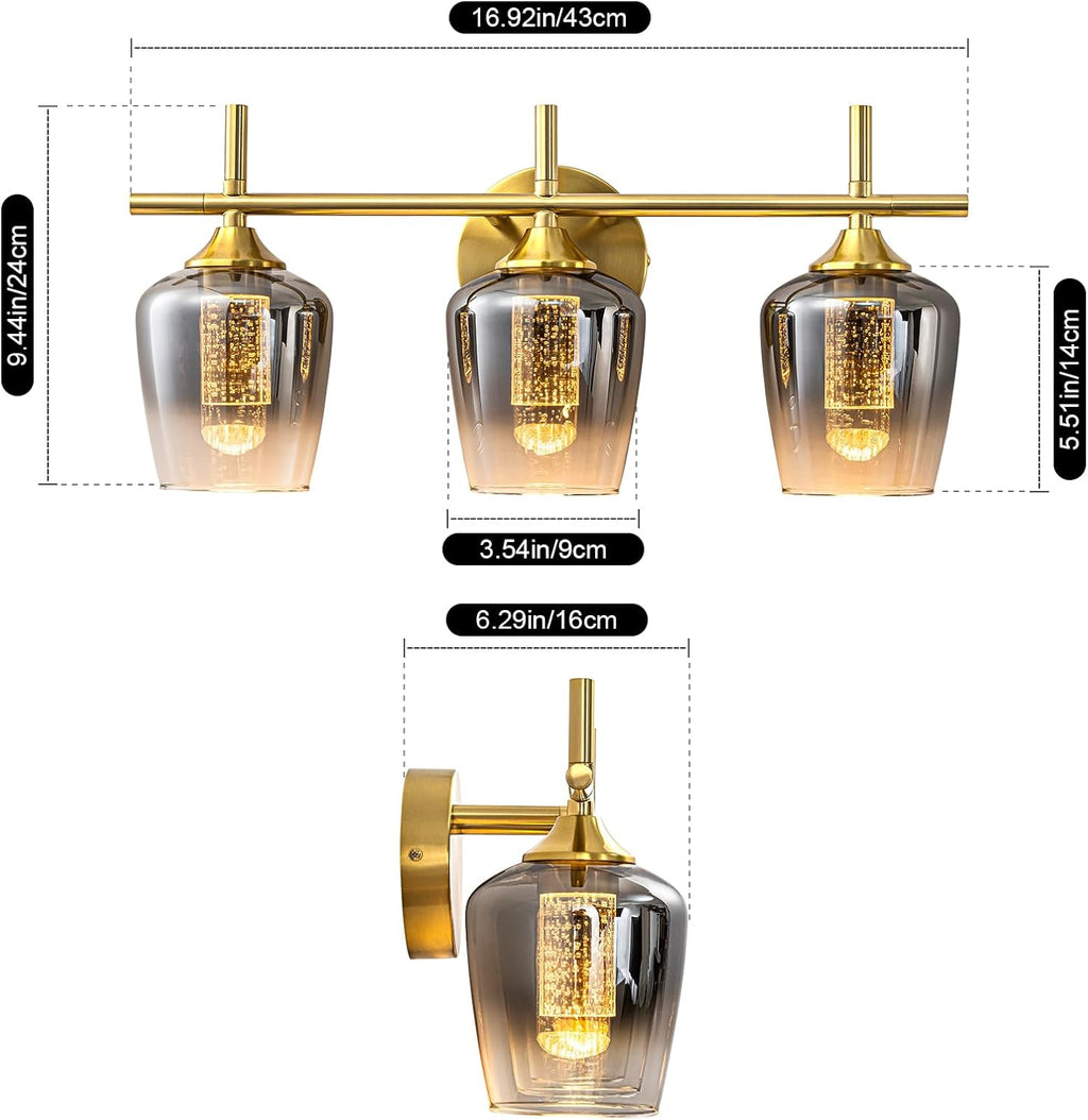 WILON Bathroom Wall Light Fixtures Over Mirror, 3-Light Bathroom lamp Wall with Grey Gradient Lampshade, Wall Lights with LED Acrylic Bubble Light Column, Wall Scones for Living Room Kitchen Bedroom