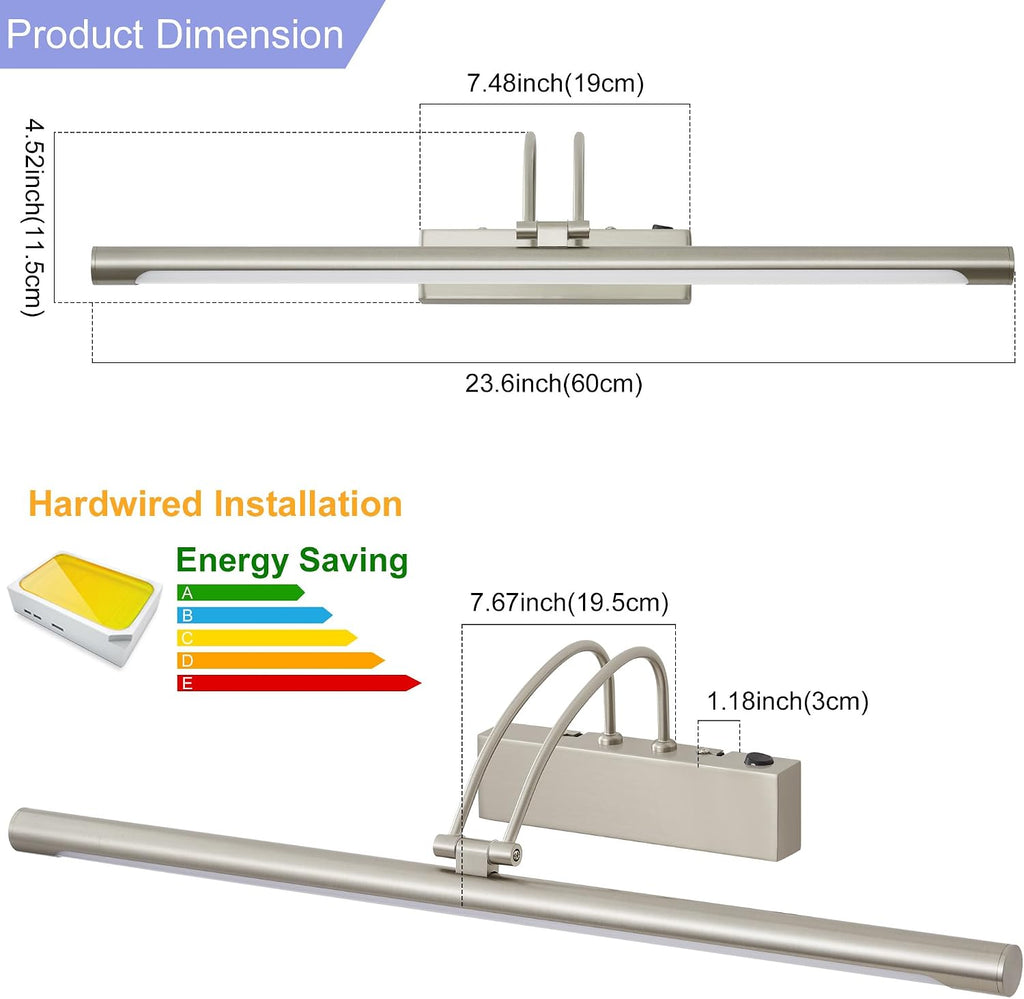 LED Bathroom Wall Light Nickel LED Picture Lights for Wall with Switch 60CM | Bathroom Mirror Light, 270° Adjustable, 60CM 800Lumen Waterproof, 3 Color Temperature, Vanity Lights, Hardwired [Energy Class F]