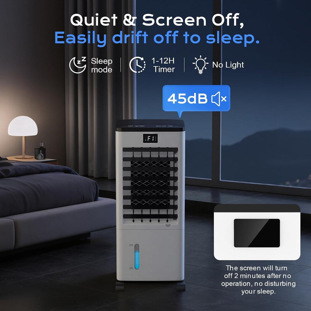 Mobile Air Conditioners, 60W Evaporative Air Cooler, LED Display 10M/S 3 Modes 8L Tank 12H Timer 60°/120° Oscillation Low Noise, Touch/Remote Control 4 Ice Box Air Conditioner Unit for Home Bedroom [Energy Class A++]