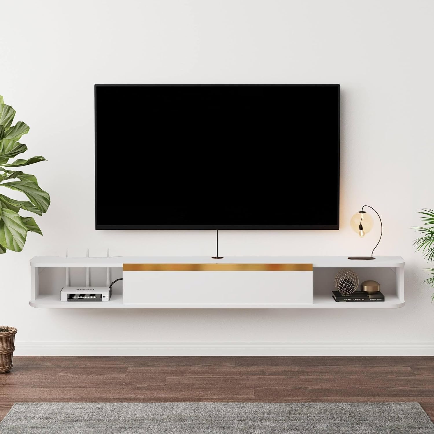 Pmnianhua Floating TV Stand, Wall Mounted Entertainment Center TV Media Console, Floating Shelves with Door, Floating TV Cabinet Large Storage TV Bench for Living Room (White, 120cm)