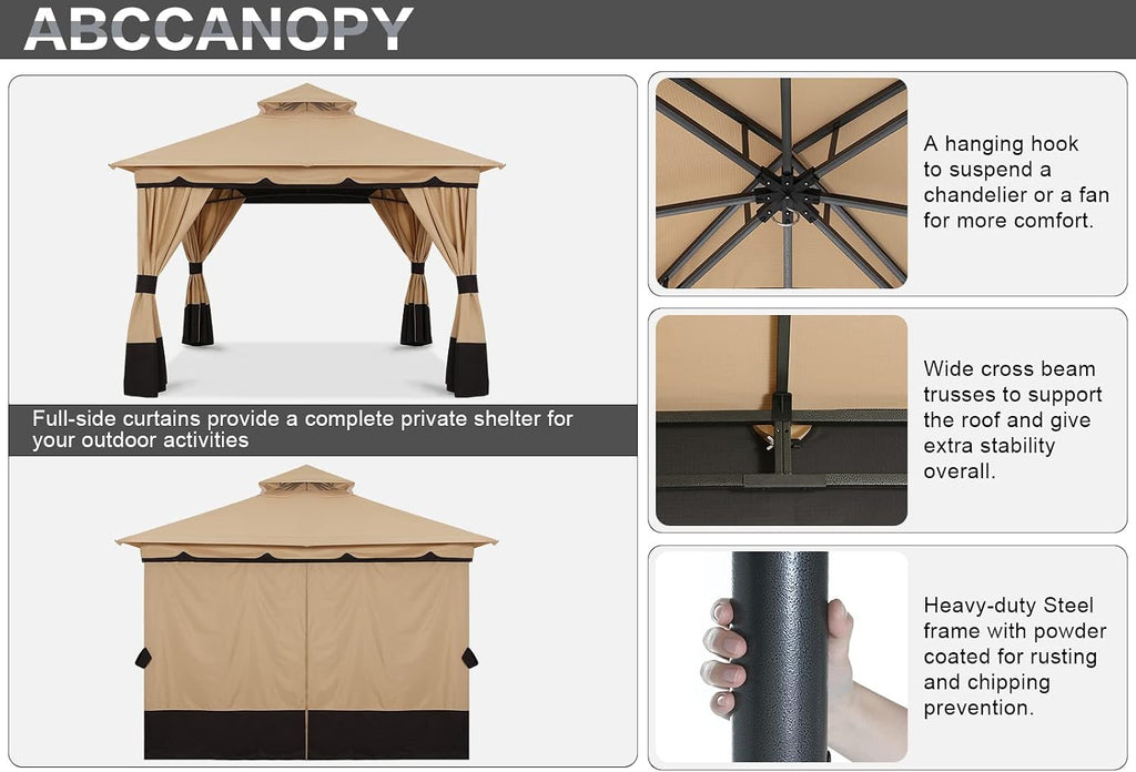 ABCCANOPY 3x3.6M Pop-up Gazebo Double Tier Roof Outdoor Canopy Shelter with Curtains Sidewalls, Beige