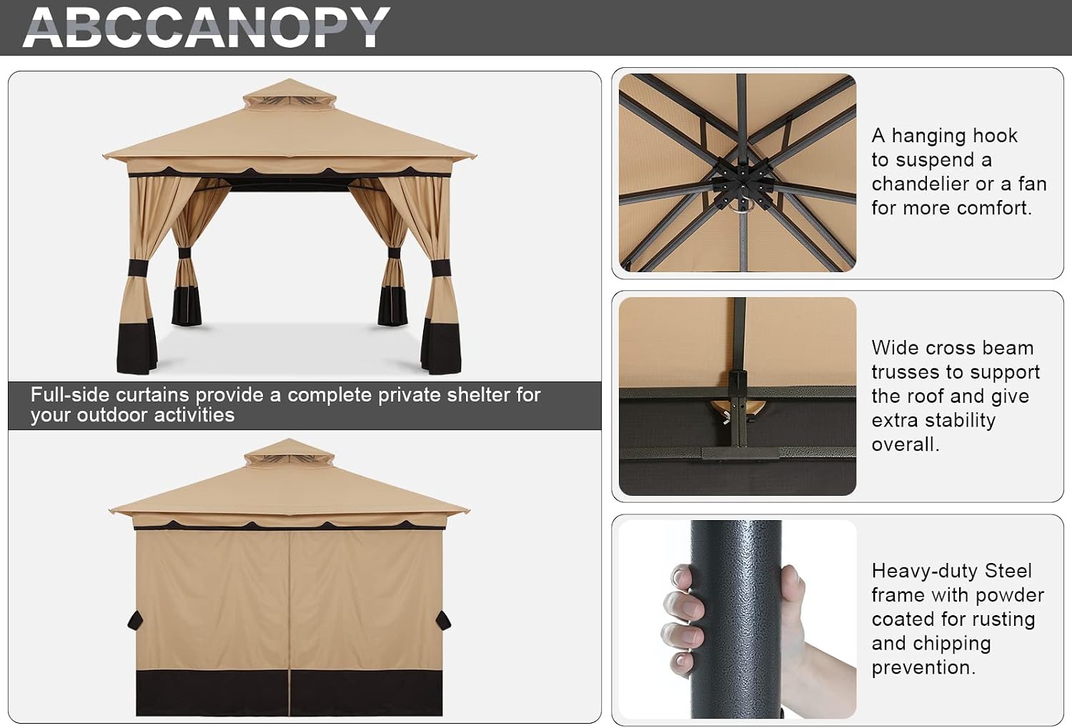 ABCCANOPY 3x3.6M Pop-up Gazebo Double Tier Roof Outdoor Canopy Shelter with Curtains Sidewalls, Beige