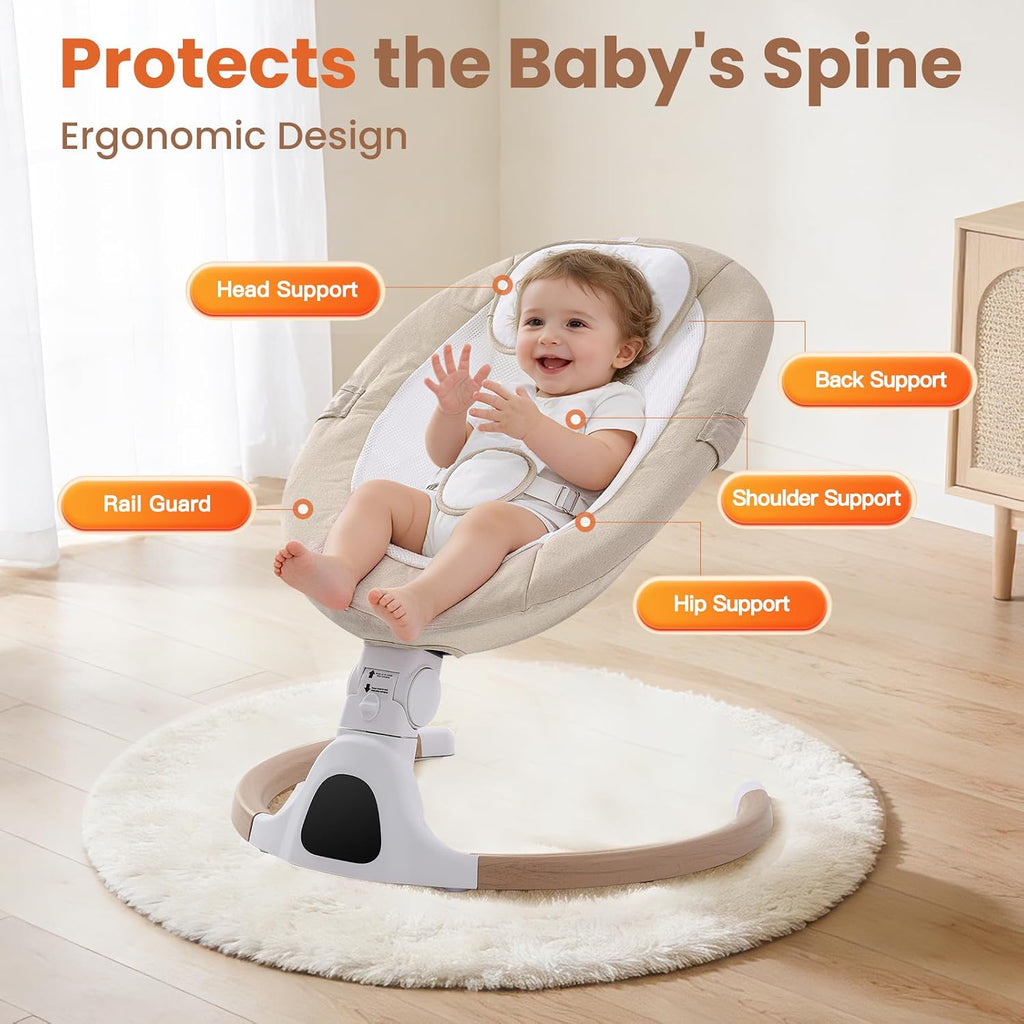 Electric Baby Swing Chair from Birth, 0–6 Months, max 9kg，Portable Newborn Baby Bouncer with Bluetooth, Rocking Rocker Chair 5 Swing Speed, 3 Angle Position, Remote Control & Touch Panel Beige