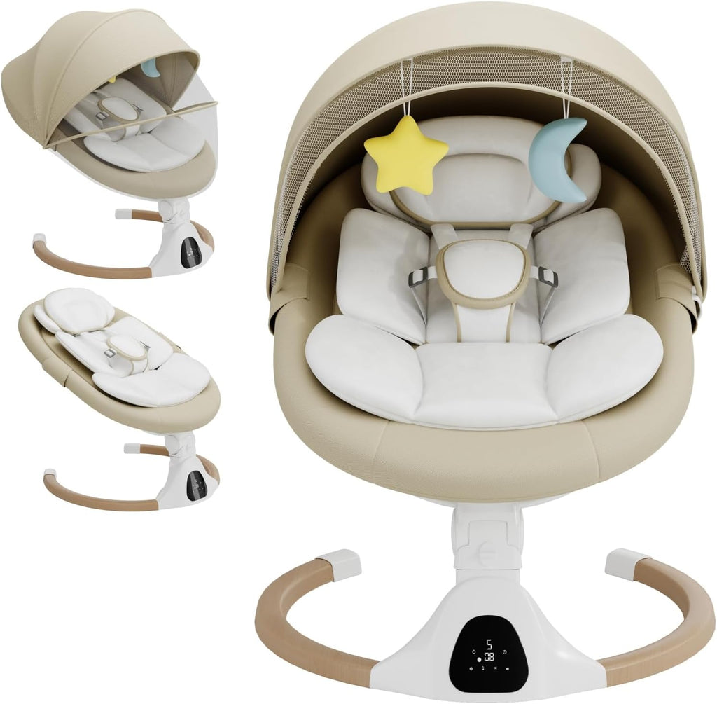 Electric Baby Swing Chair from Birth, 0–6 Months, max 9kg，Portable Newborn Baby Bouncer with Bluetooth, Rocking Rocker Chair 5 Swing Speed, 3 Angle Position, Remote Control & Touch Panel Beige