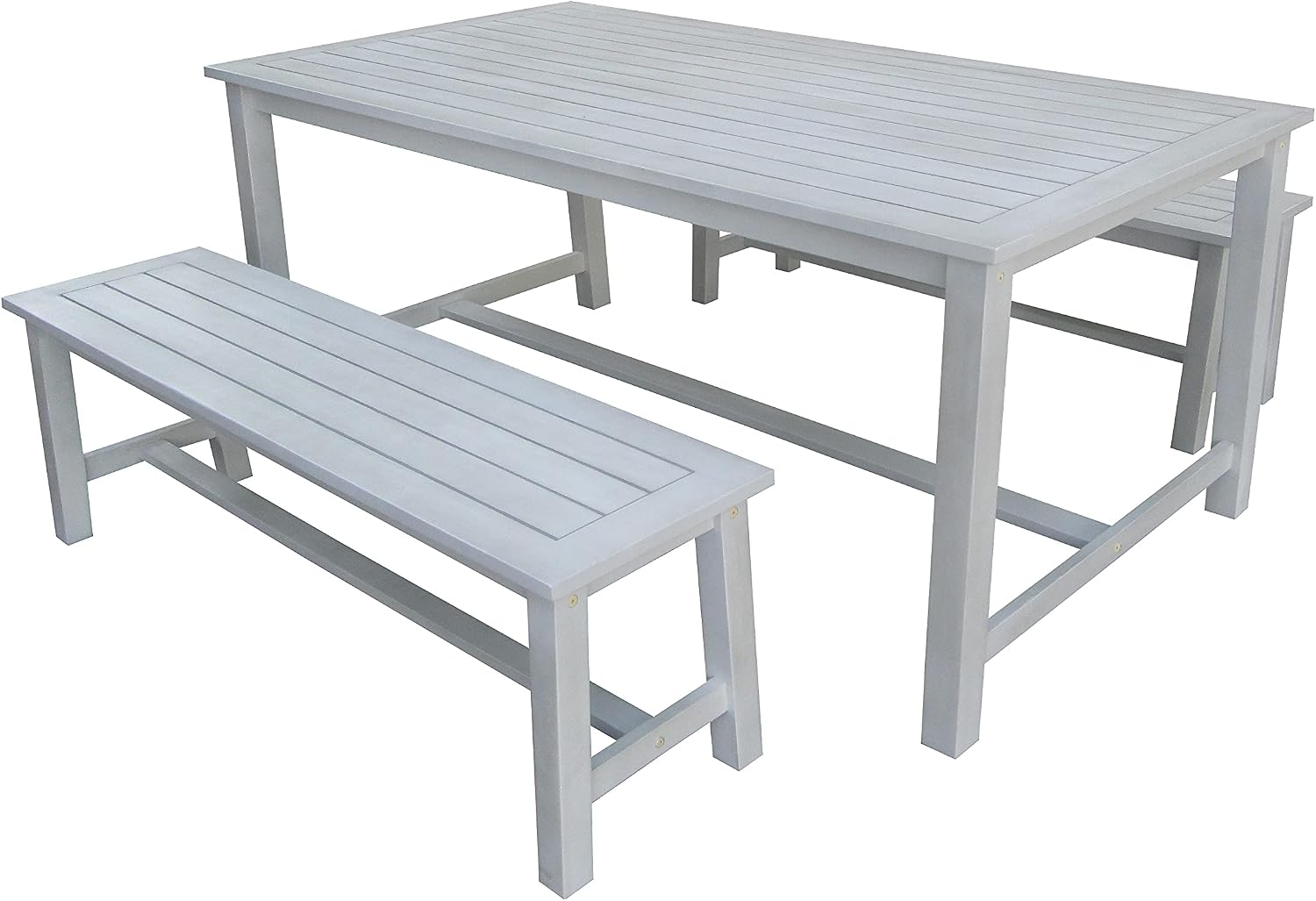 Acacia Wooden Bench Dining Set, White, Large