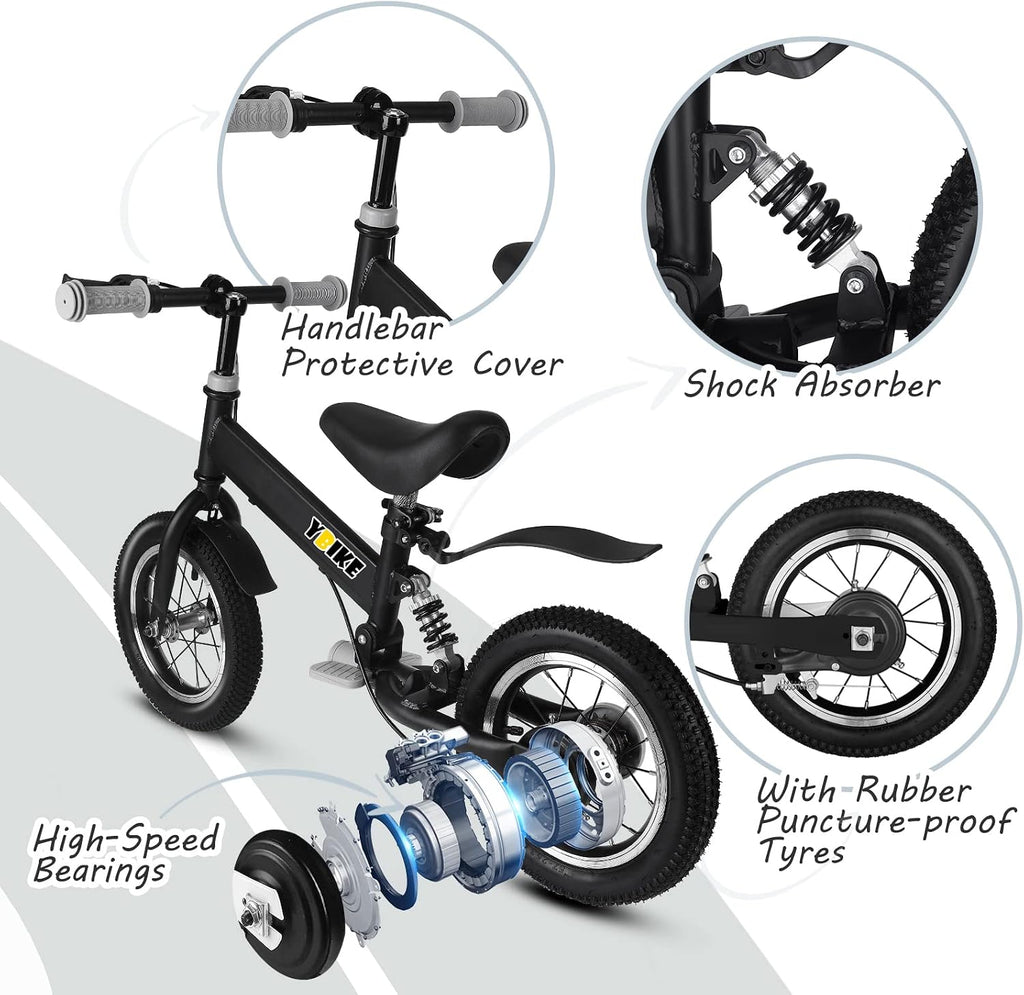 YBIKE 2 in 1 Balance Bike, 12 14 Inch Kids Bike, Suitable for 2-7 Years Old, Kids' Balance Bike with Pedal, Shock Absorber, Fenders, Brakes, 4 Colors Training Bike