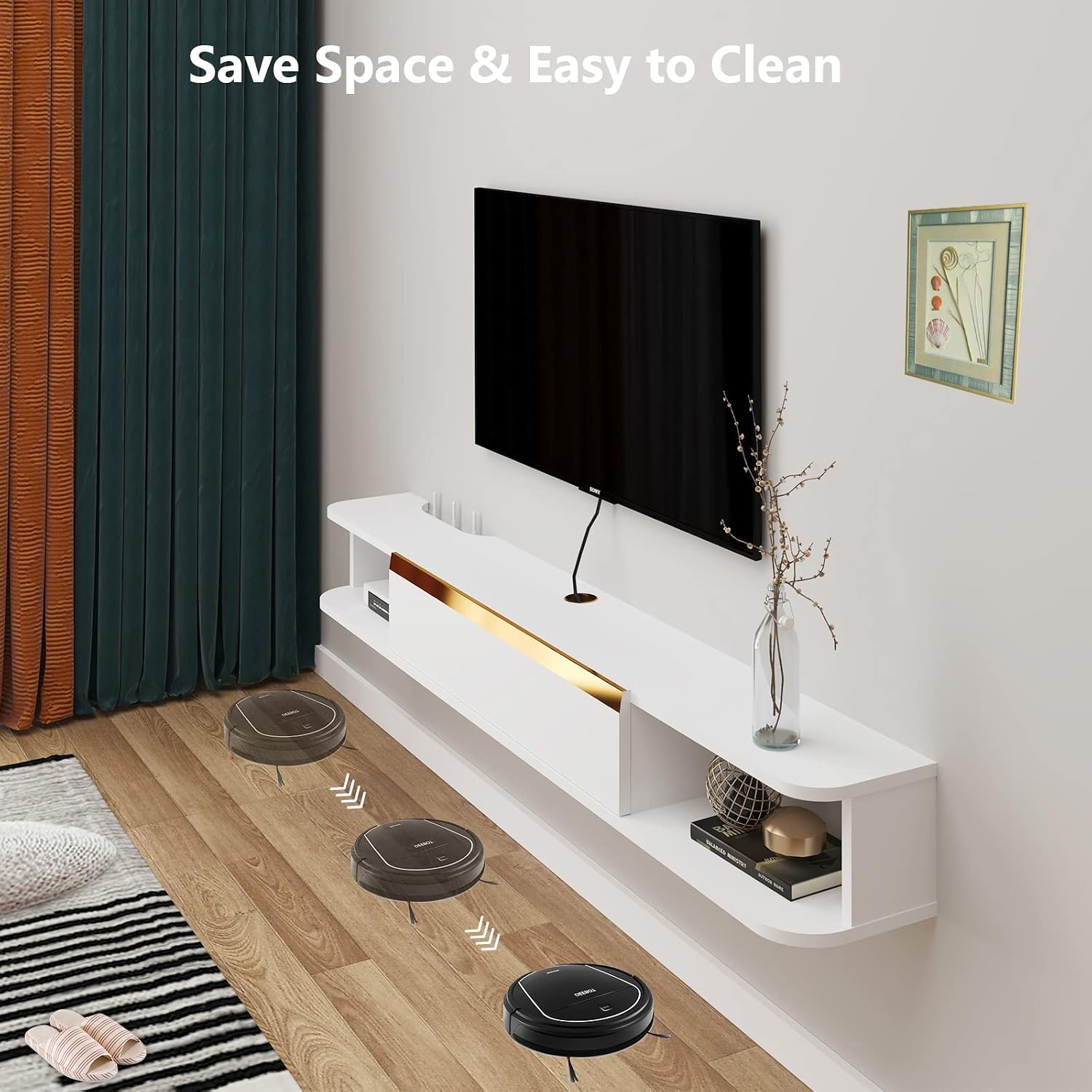Pmnianhua Floating TV Stand, Wall Mounted Entertainment Center TV Media Console, Floating Shelves with Door, Floating TV Cabinet Large Storage TV Bench for Living Room (White, 120cm)
