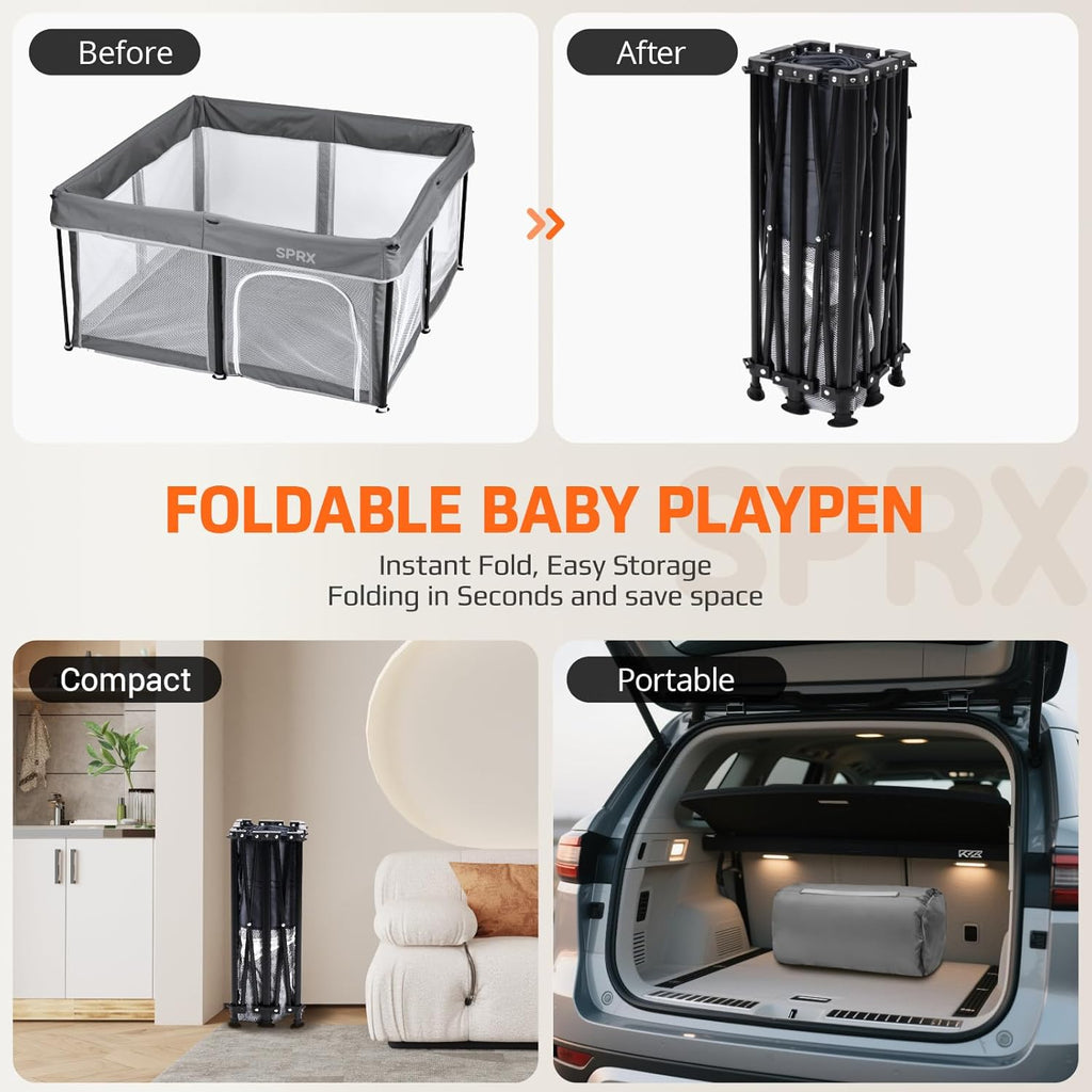 Foldable Baby Playpen with Mat，50"×50" Collapsible Playard for Babies and Toddlers，Indoor&Outdoor Kids Safety Play Pen