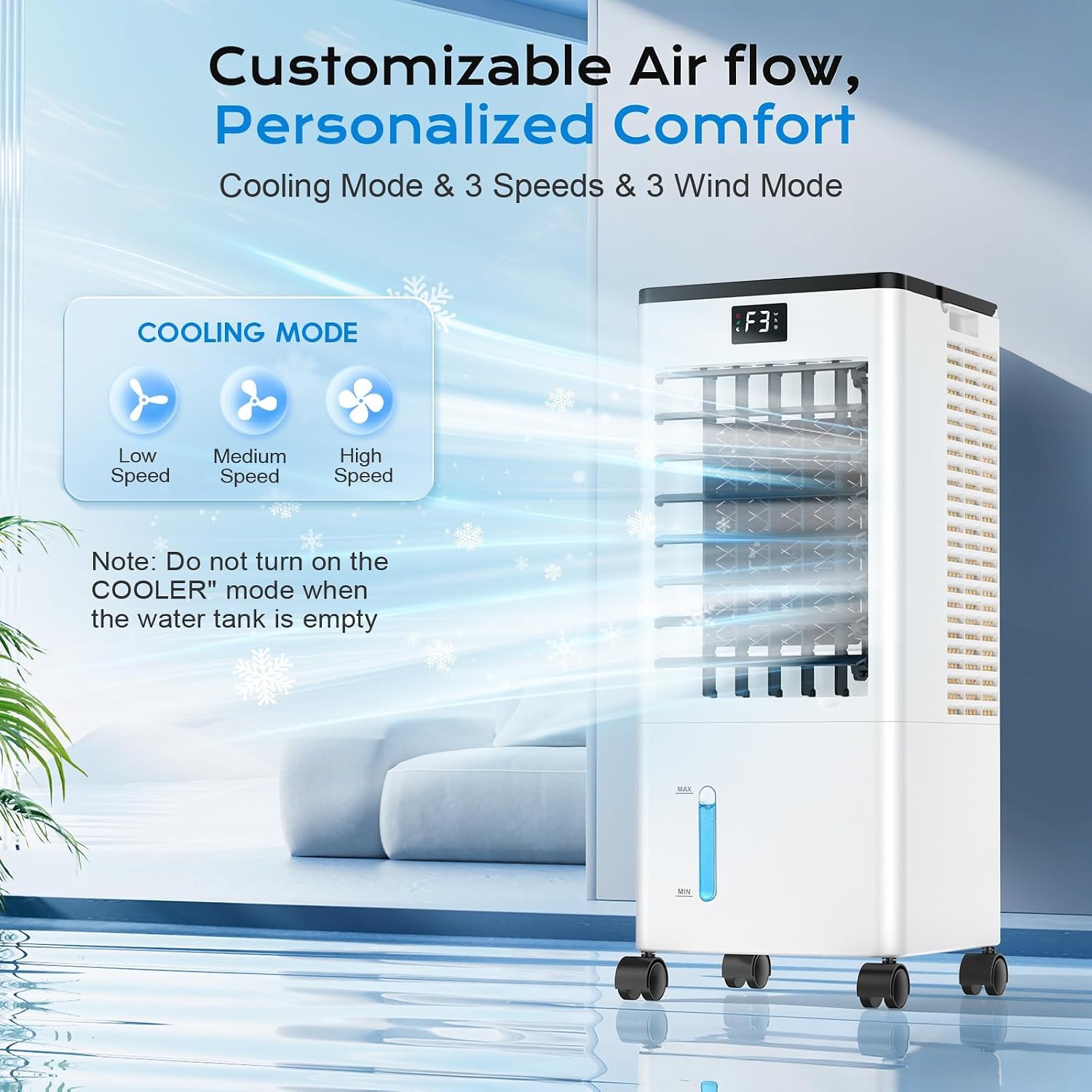 Mobile Air Conditioners, 60W Evaporative Air Cooler, LED Display 10M/S 3 Modes 8L