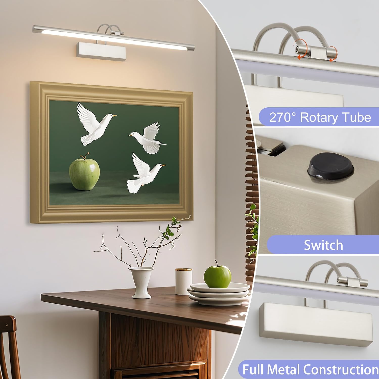 LED Bathroom Wall Light Nickel LED Picture Lights for Wall with Switch 60CM | Bathroom Mirror Light, 270° Adjustable, 60CM 800Lumen Waterproof, 3 Color Temperature, Vanity Lights, Hardwired [Energy Class F]