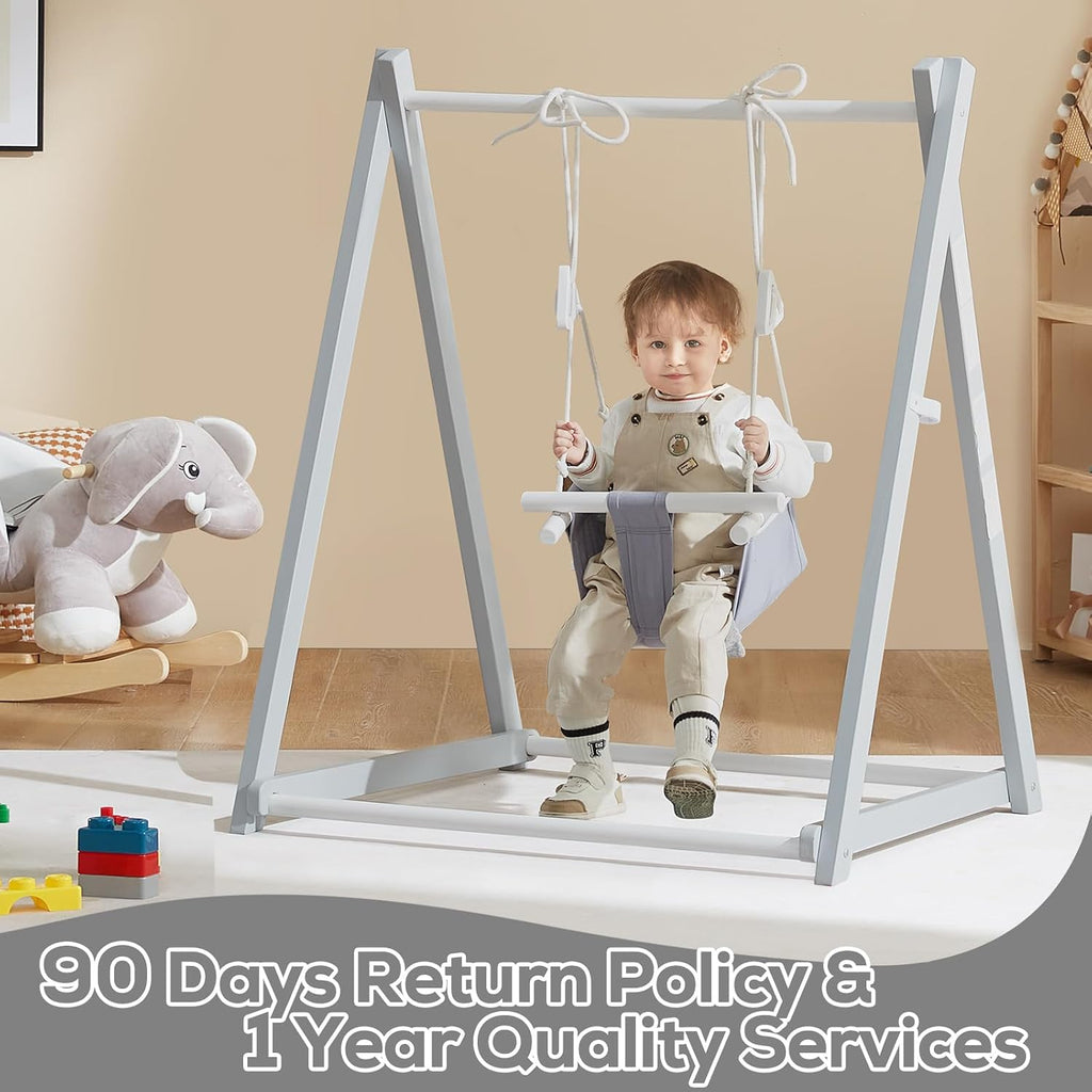 FUNLIO Wooden Swing Set for Toddlers 6-36 Months, Foldable Baby Swing Set with Durable Pine, Portable Toddler Swing with 4 Sandbags & Extension Straps, for Indoor/Outdoor/Backyard - Grey