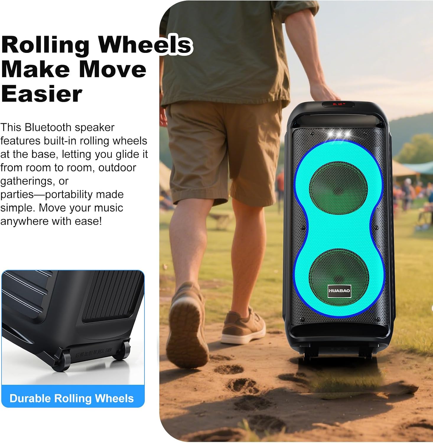 Bluetooth Karaoke Speaker with 2 Wireless Microphones – 40W Portable PA System with LED Lights, TWS Pairing, 6.5” Dual Woofers, Rolling Wheels, Rechargeable Battery - for Party/Home/Outdoor