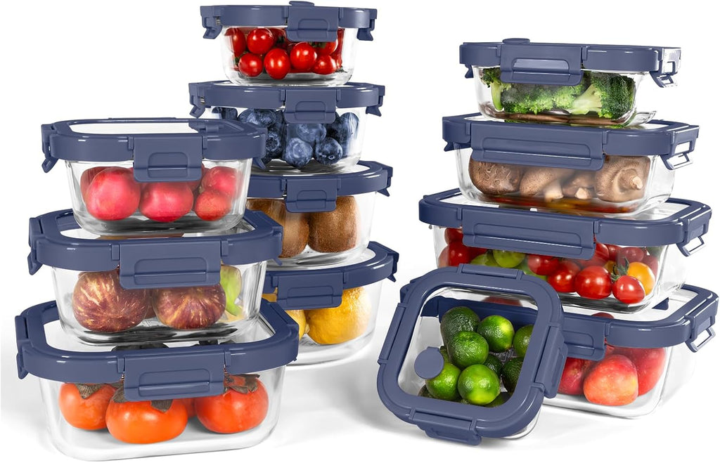 Borohouse 12-piece glass food storage container set features clear, stackable borosilicate glass bases with blue, snap-locking tempered lids for an airtight seal