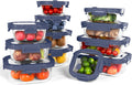 Borohouse 12-piece glass food storage container set features clear, stackable borosilicate glass bases with blue, snap-locking tempered lids for an airtight seal