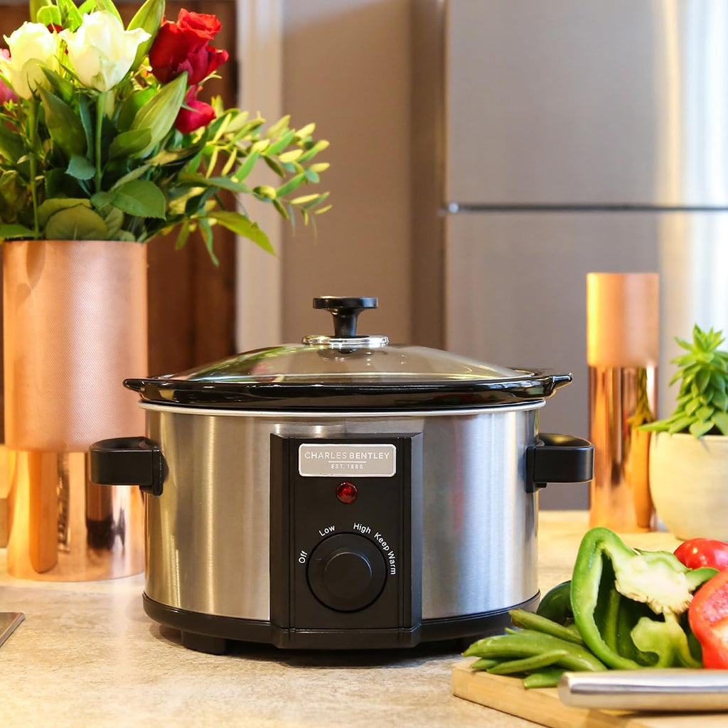 CHARLES BENTLEY 3.5L Capacity, Slow Cooker, Black, Removable Ceramic Bowl, Small, Stainless Steel, Tempered Glass Lid, Serves 2-3 People, 180W, 2 Heat Settings, Keep Warm Function (34x25.2x22.1cm)