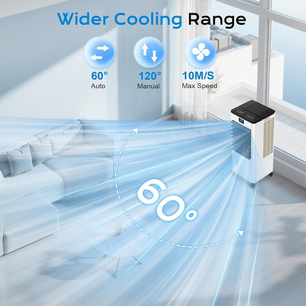 Mobile Air Conditioners, 60W Evaporative Air Cooler, LED Display 10M/S 3 Modes 8L Tank 12H Timer 60°/120° Oscillation Low Noise, Touch/Remote Control 4 Ice Box Air Conditioner Unit for Home Bedroom [Energy Class A++]