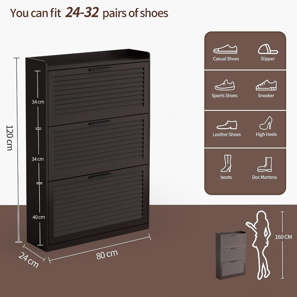 BonVache Shoe Storage with 3 Flip Louvered Doors, Narrow Wooden Shoe Cabinet (120x80x24cm) with Adjustable Shelves For Hallway, Entreway, Living Room,Cafe