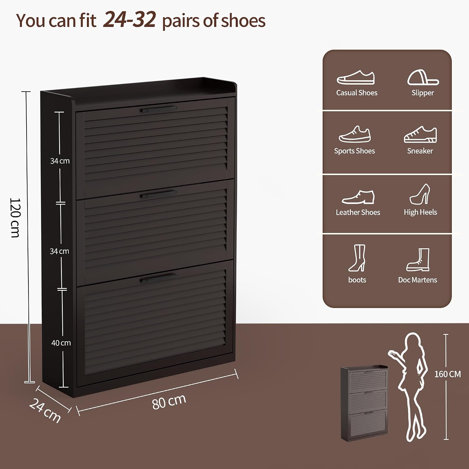 BonVache Shoe Storage with 3 Flip Louvered Doors, Narrow Wooden Shoe Cabinet (120x80x24cm) with Adjustable Shelves For Hallway, Entreway, Living Room,Cafe