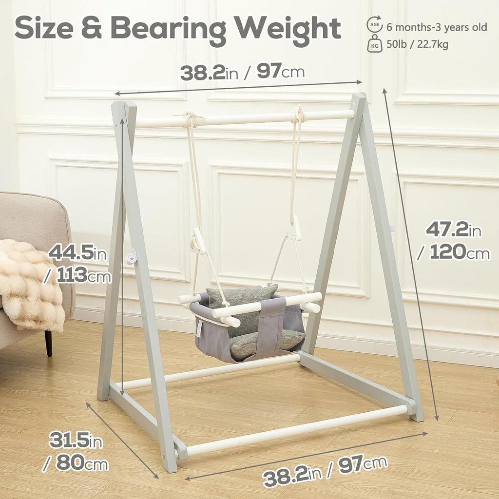 FUNLIO Wooden Swing Set for Toddlers 6-36 Months, Foldable Baby Swing Set with Durable Pine, Portable Toddler Swing with 4 Sandbags & Extension Straps, for Indoor/Outdoor/Backyard - Grey