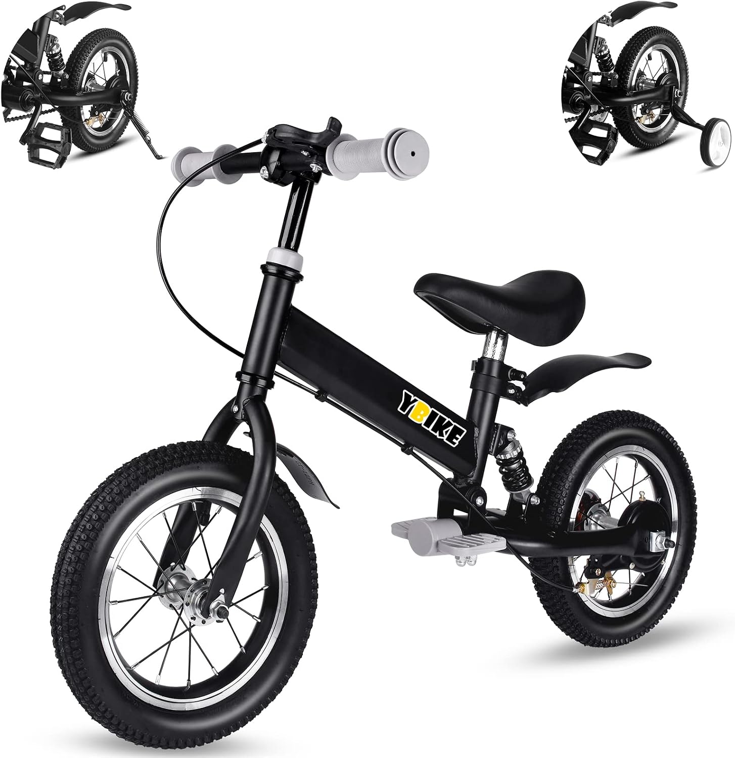 YBIKE 2 in 1 Balance Bike, 12 14 Inch Kids Bike, Suitable for 2-7 Years Old, Kids' Balance Bike with Pedal, Shock Absorber, Fenders, Brakes, 4 Colors Training Bike