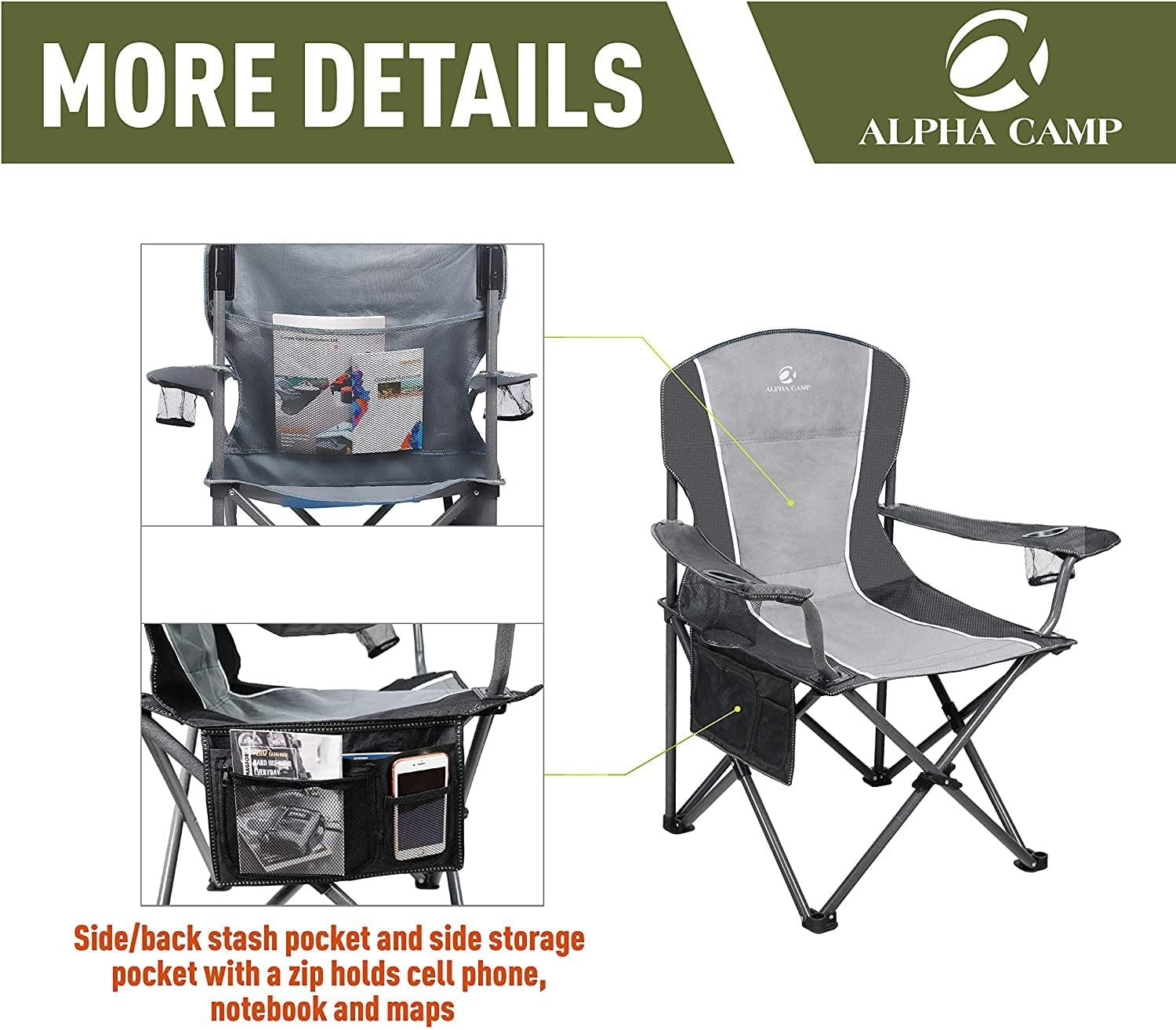 ALPHA CAMP Camping Chairs for Adults Folding Camping Chair with Cup Holder & Side Pocket