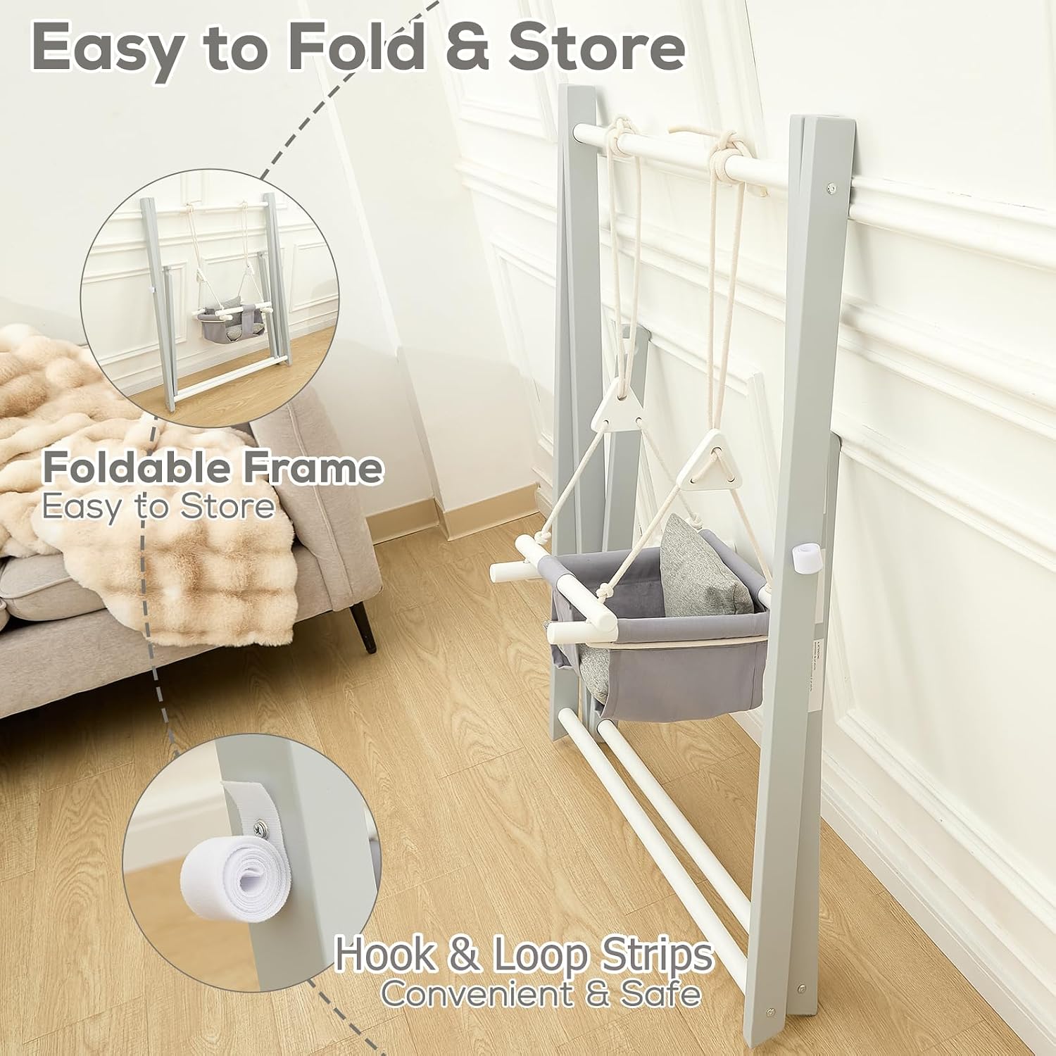 FUNLIO Wooden Swing Set for Toddlers 6-36 Months, Foldable Baby Swing Set with Durable Pine, Portable Toddler Swing with 4 Sandbags & Extension Straps, for Indoor/Outdoor/Backyard - Grey