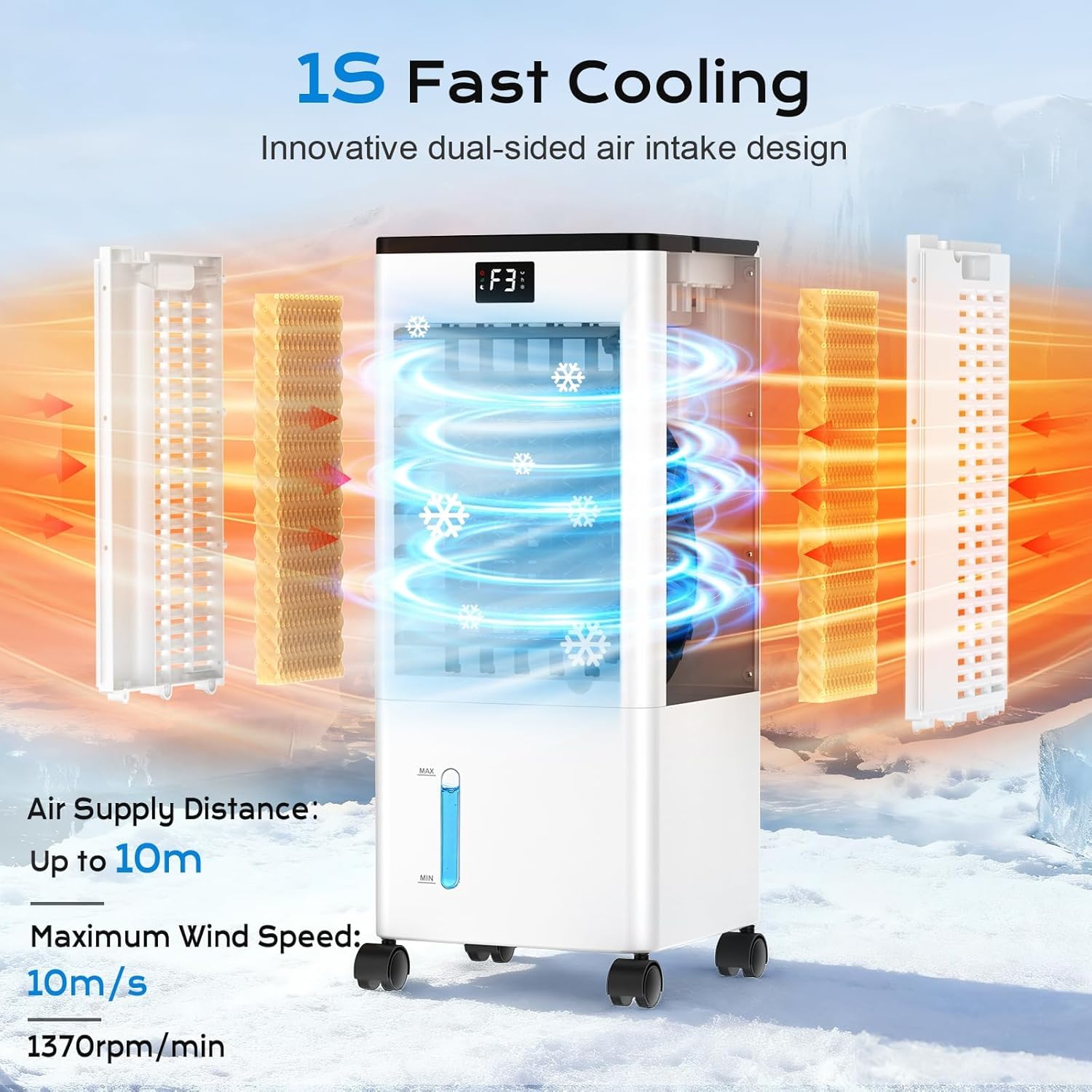 Mobile Air Conditioners, 60W Evaporative Air Cooler, LED Display 10M/S 3 Modes 8L Tank 12H Timer 60°/120° Oscillation Low Noise, Touch/Remote Control 4 Ice Box Air Conditioner Unit for Home Bedroom [Energy Class A++]