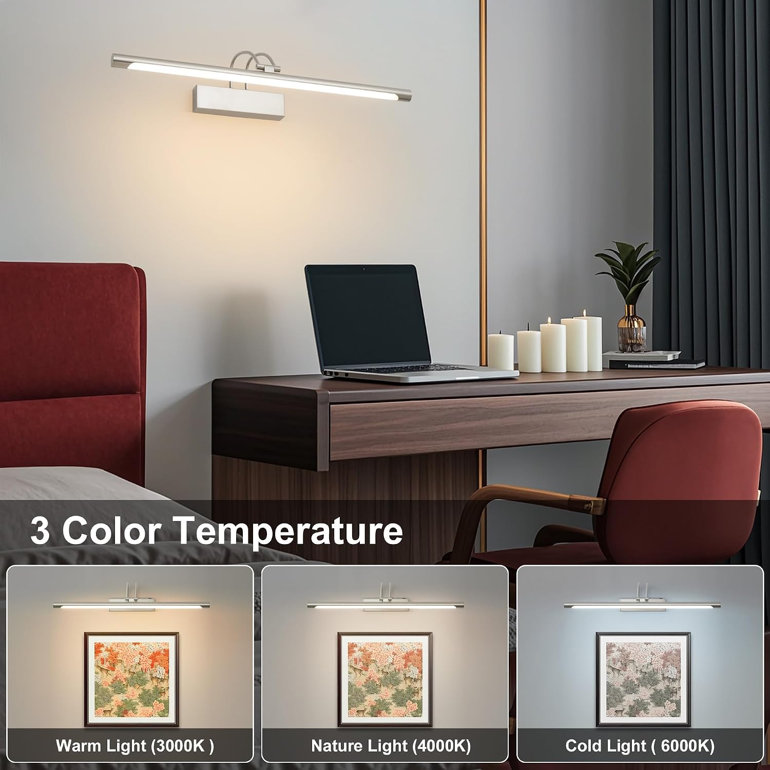 LED Bathroom Wall Light Nickel LED Picture Lights for Wall with Switch 60CM | Bathroom Mirror Light, 270° Adjustable, 60CM 800Lumen Waterproof, 3 Color Temperature, Vanity Lights, Hardwired [Energy Class F]