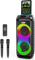 Bluetooth Karaoke Speaker with 2 Wireless Microphones – 40W Portable PA System with LED Lights, TWS Pairing, 6.5” Dual Woofers, Rolling Wheels, Rechargeable Battery - for Party/Home/Outdoor