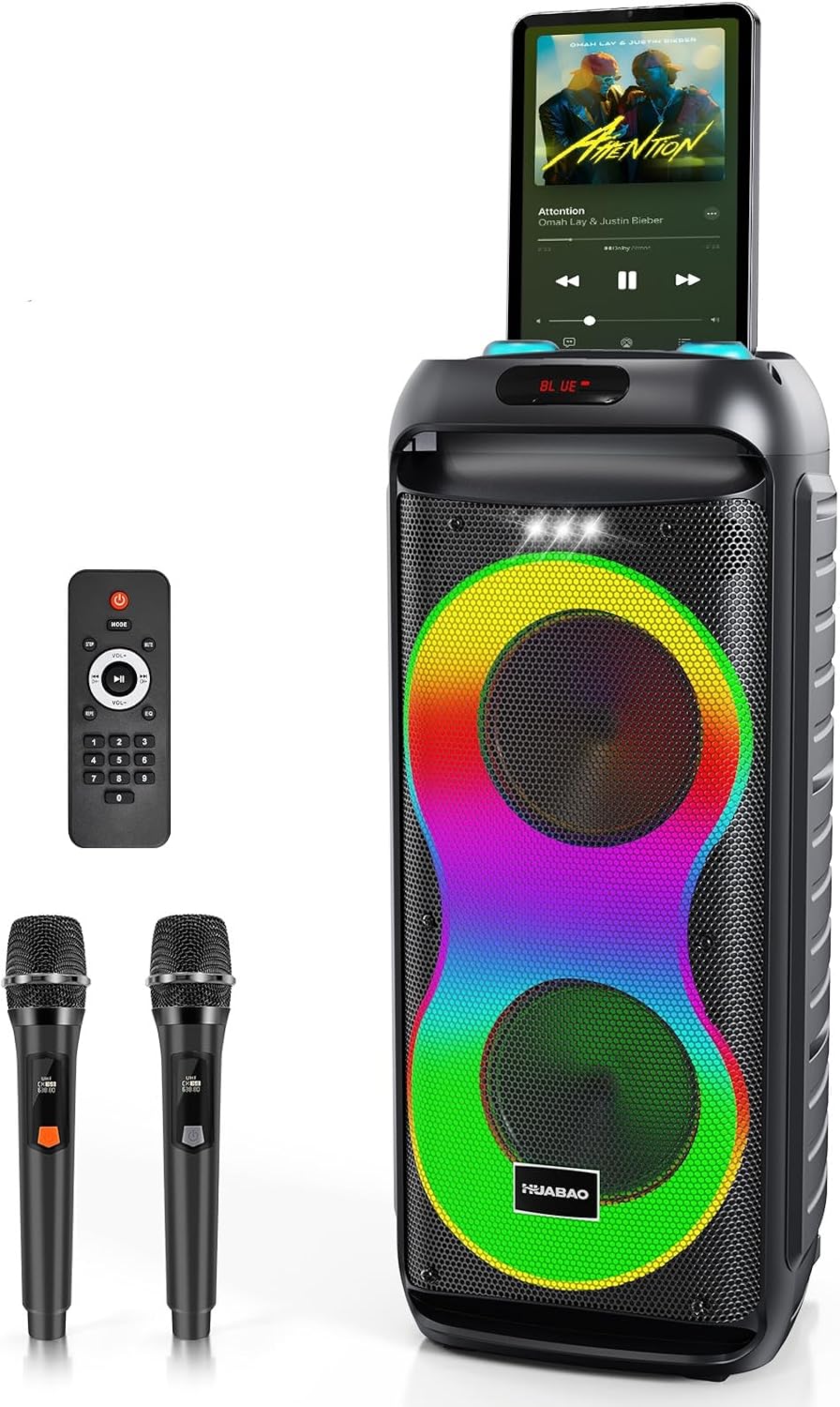 Bluetooth Karaoke Speaker with 2 Wireless Microphones – 40W Portable PA System with LED Lights, TWS Pairing, 6.5” Dual Woofers, Rolling Wheels, Rechargeable Battery - for Party/Home/Outdoor
