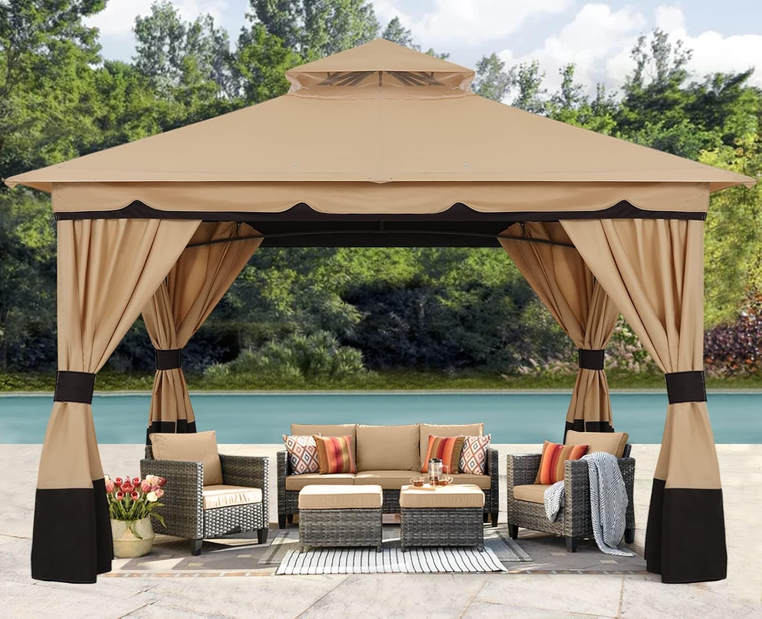 ABCCANOPY 3x3.6M Pop-up Gazebo Double Tier Roof Outdoor Canopy Shelter with Curtains Sidewalls, Beige