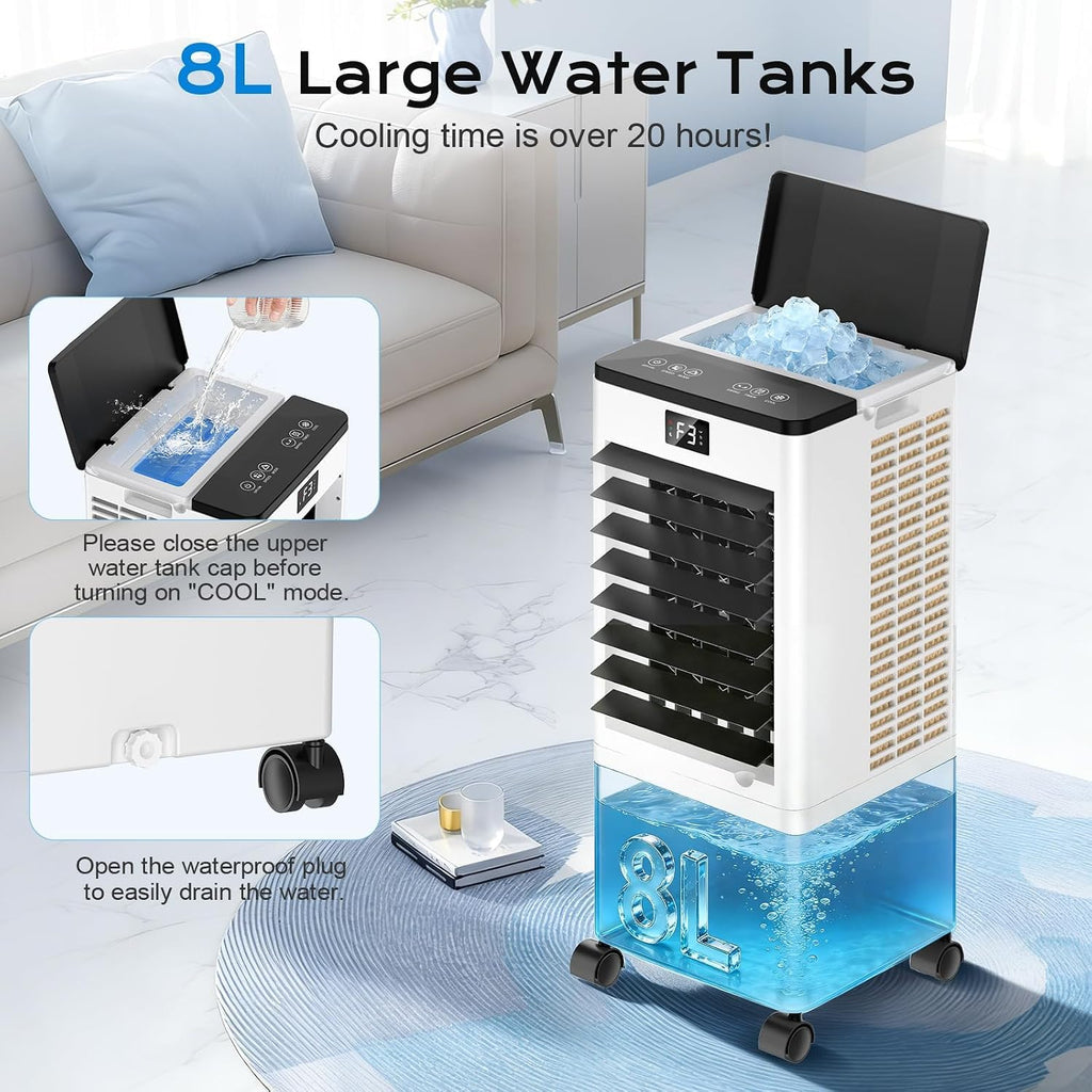 Mobile Air Conditioners, 60W Evaporative Air Cooler, LED Display 10M/S 3 Modes 8L Tank 12H Timer 60°/120° Oscillation Low Noise, Touch/Remote Control 4 Ice Box Air Conditioner Unit for Home Bedroom [Energy Class A++]