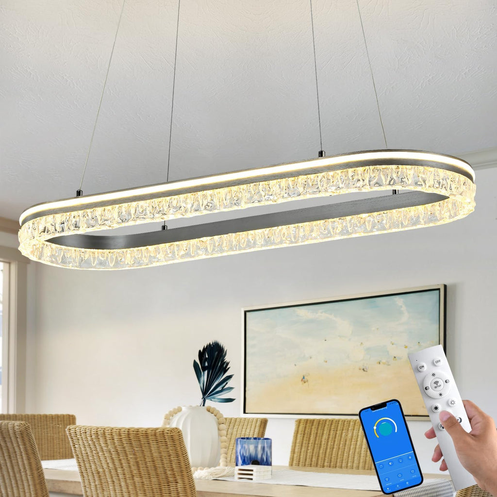 Modern Kitchen Island Chandelier with Dimmable Led Oval Track Design, Featuring A Silver Gray Aluminum Bar, Suitable for Dining Room, Kitchen, Breakfast Area, and Living Room Lighting.