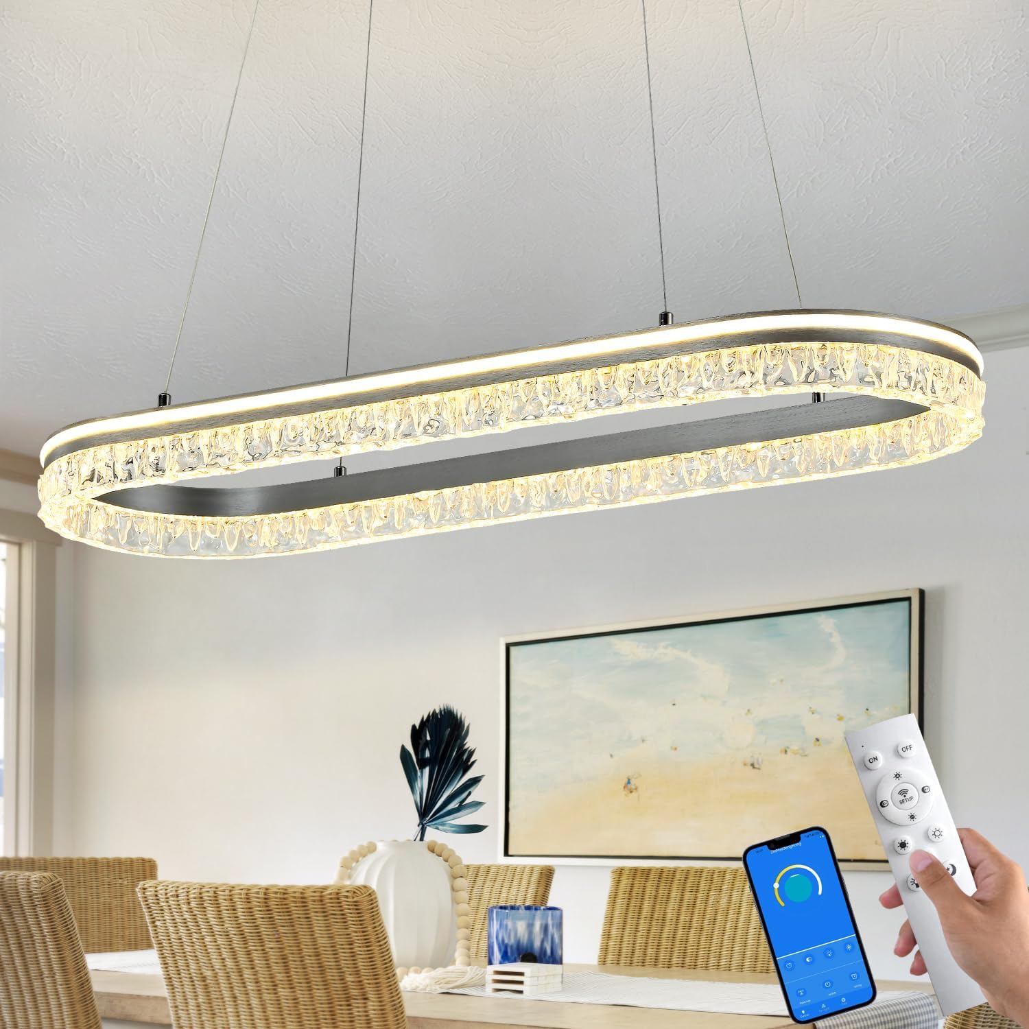 Modern Kitchen Island Chandelier with Dimmable Led Oval Track Design, Featuring A Silver Gray Aluminum Bar, Suitable for Dining Room, Kitchen, Breakfast Area, and Living Room Lighting.