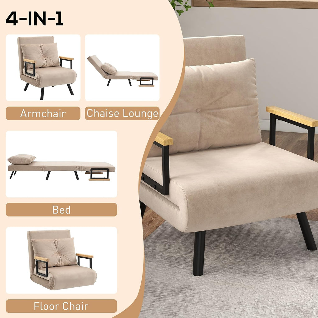 HOMCOM Single Chair Bed, Click Clack Convertible Bed Settee, Modern Velvet Feel Fabric Chai