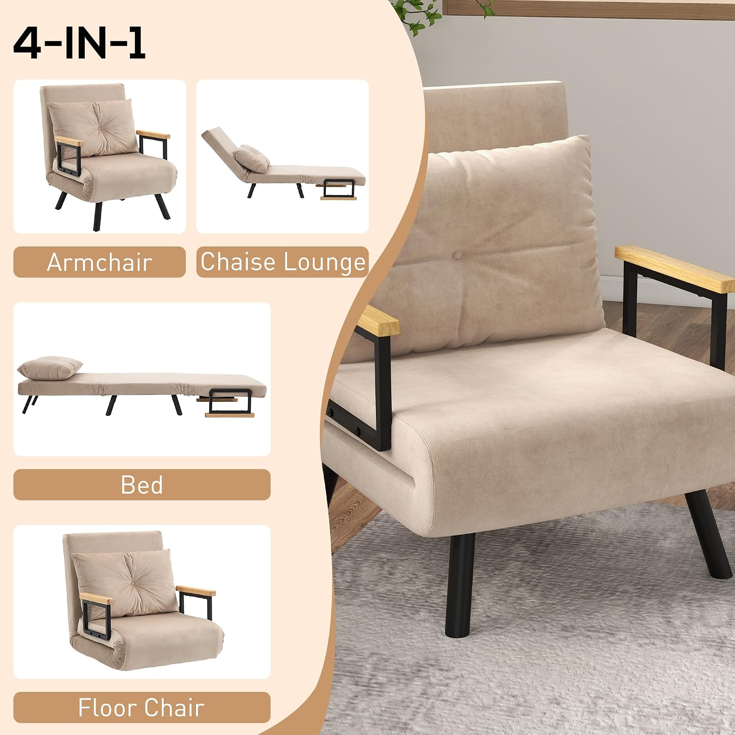 HOMCOM Single Chair Bed, Click Clack Convertible Bed Settee, Modern Velvet Feel Fabric Chai