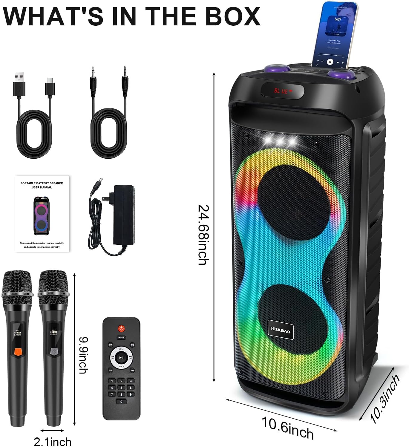 Bluetooth Karaoke Speaker with 2 Wireless Microphones – 40W Portable PA System with LED Lights, TWS Pairing, 6.5” Dual Woofers, Rolling Wheels, Rechargeable Battery - for Party/Home/Outdoor