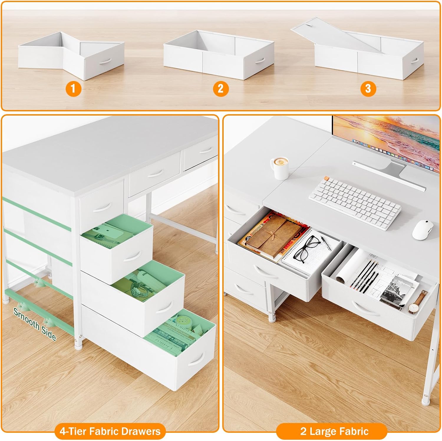 MUTUN 100x48 cm Desk, Small Computer Desk with 6 Fabric Drawers, Reversible Home Office Desk with Adjustable Feet, Work Desks for Office, Study, Vanity Table for Bedroom, White