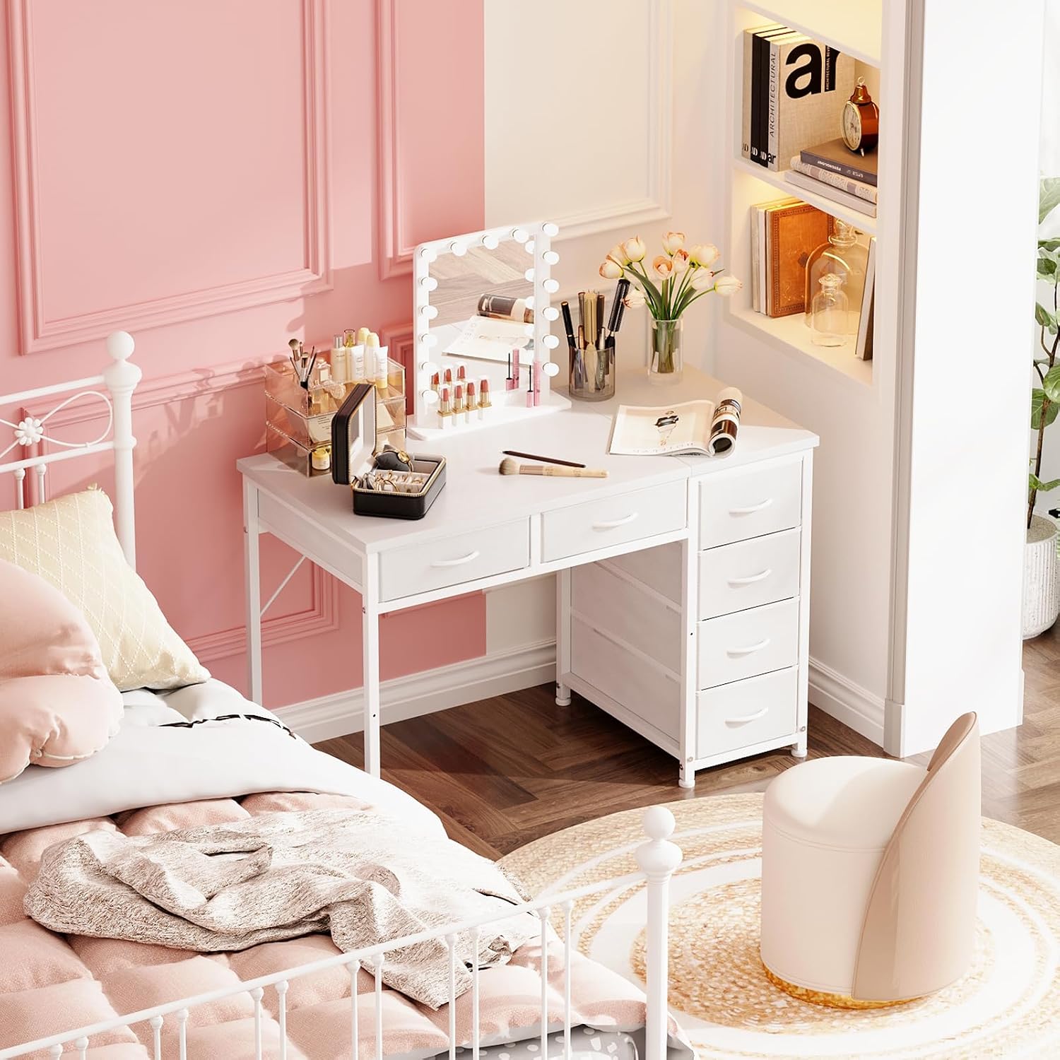 MUTUN 100x48 cm Desk, Small Computer Desk with 6 Fabric Drawers, Reversible Home Office Desk with Adjustable Feet, Work Desks for Office, Study, Vanity Table for Bedroom, White