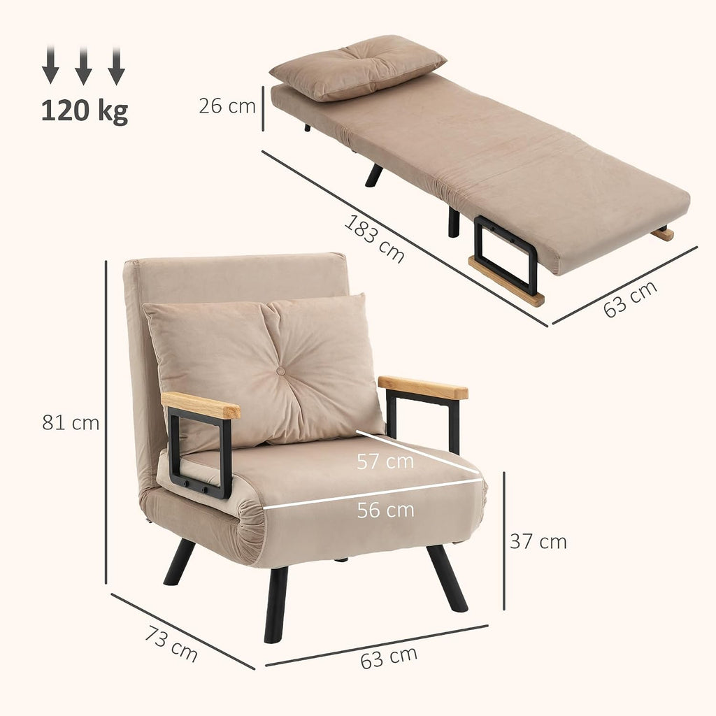 HOMCOM Single Chair Bed, Click Clack Convertible Bed Settee, Modern Velvet Feel Fabric Chai