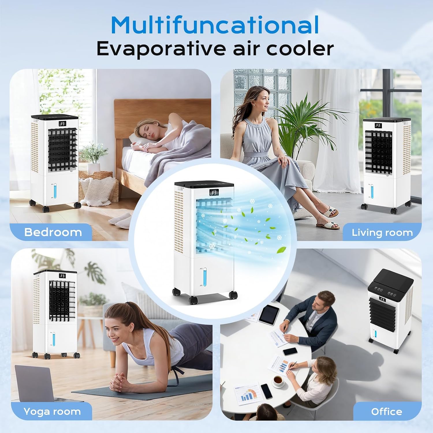 Mobile Air Conditioners, 60W Evaporative Air Cooler, LED Display 10M/S 3 Modes 8L Tank 12H Timer 60°/120° Oscillation Low Noise, Touch/Remote Control 4 Ice Box Air Conditioner Unit for Home Bedroom [Energy Class A++]